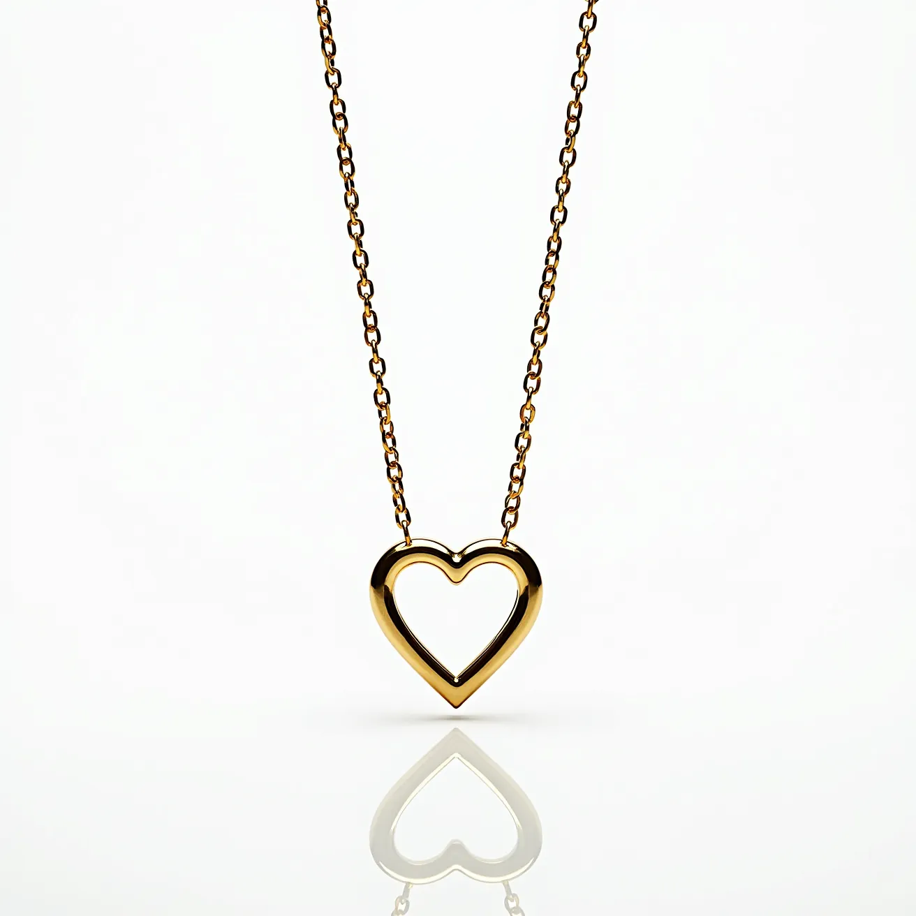 This gold heart necklace features a delicately crafted open heart pendant, which appears to be made from a polished gold material, lending it a sleek and elegant appearance. The heart shape is smoothly contoured, and the pendant is elegantly suspended from a fine gold chain, which adds a subtle sophistication to the overall design. The chain consists of evenly spaced links, providing both flexibility and durability. There are no visible gemstones or intricate embellishments on the pendant, emphasizing its minimalist charm. The necklace likely includes a simple clasp, designed to complement the understated elegance of the piece, ensuring secure and comfortable wear.