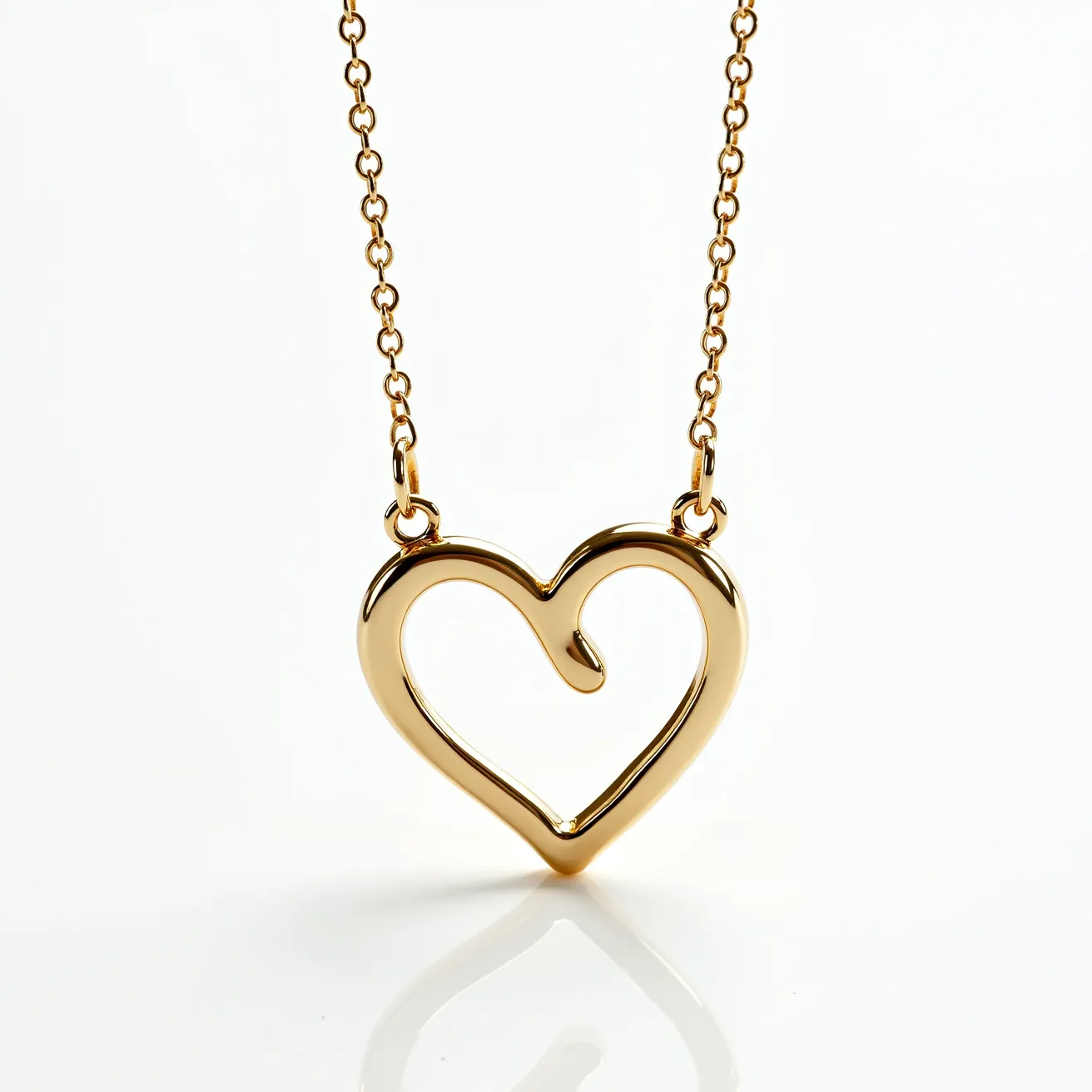 This gold heart necklace features a simple yet elegant heart-shaped pendant crafted from polished gold. The pendant is designed with a fluid, open-heart shape, seamlessly integrated into a delicate gold chain that attaches on either side with small loops. The necklace is likely made from solid gold or gold-plated materials, contributing to its sleek, reflective appearance. The chain is composed of small, uniform links, creating a classic and timeless aesthetic. Its secure clasp, possibly a spring ring or lobster style, ensures the necklace remains fastened comfortably around the wearer’s neck.