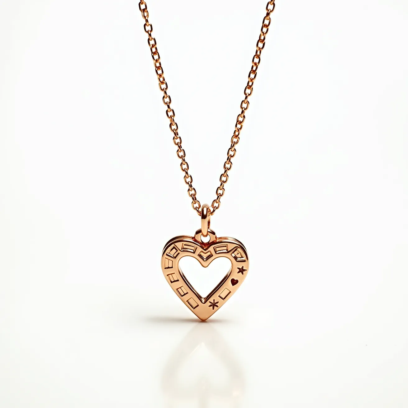 This gold heart necklace features a finely crafted heart-shaped pendant made of sleek, polished gold. The design incorporates various geometric and symbolic etchings on the surface of the heart, adding an artistic touch. The pendant is suspended from a delicate gold chain that complements its elegant appearance. The necklace appears to have a standard clasp, allowing for secure wear. The absence of gemstones or additional embellishments contributes to its minimalist charm.