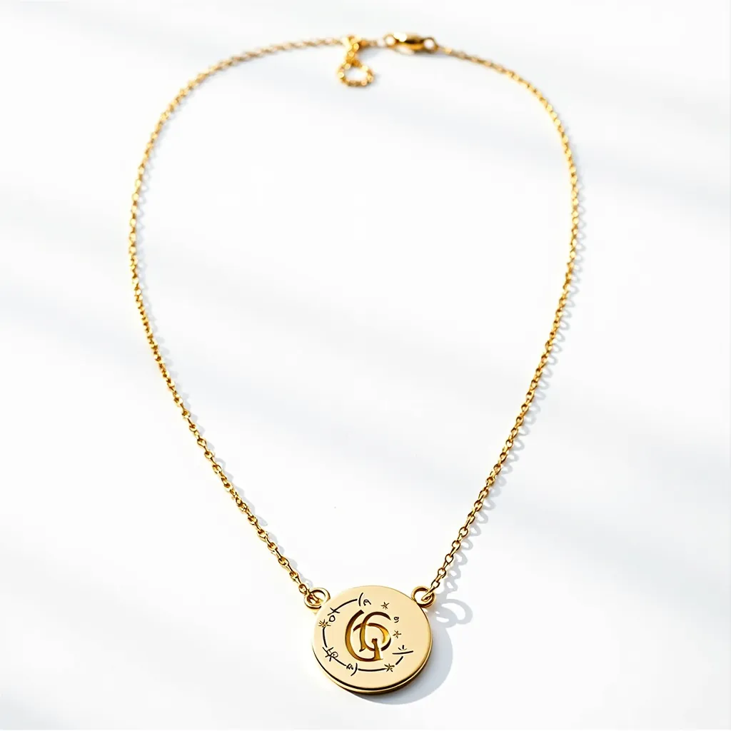 This gold initial necklace features a delicate chain crafted from polished gold, elegantly complementing the round pendant at its center. The pendant, also gold, boasts an embossed design that includes an intricate initial surrounded by subtle decorative elements, all set against a smooth surface. The chain is secured with a reliable lobster clasp, ensuring ease of wear and durability. This minimalist yet sophisticated piece highlights its refined materials and thoughtful craftsmanship, making it a timeless accessory.