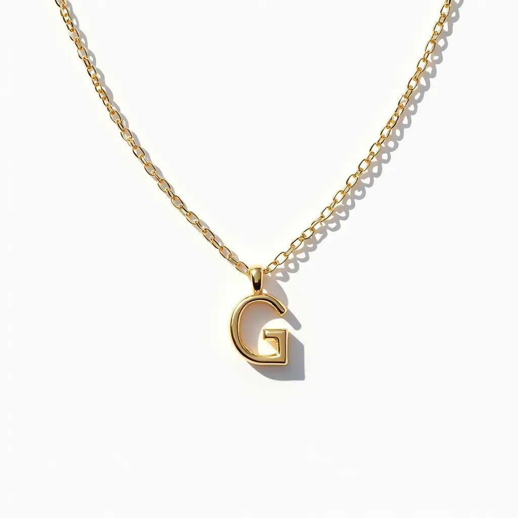 This gold initial necklace features a stylish pendant shaped like the letter "G," crafted from polished gold. The necklace has a sleek, linked chain design, complementing the gleaming initial. The pendant attaches securely with a subtle loop that seamlessly integrates into the chain. The piece is elegantly simple, focusing on the luxurious shine of the gold without any gemstones or additional adornments. The clasp is a classic spring ring, ensuring both ease of wear and security.