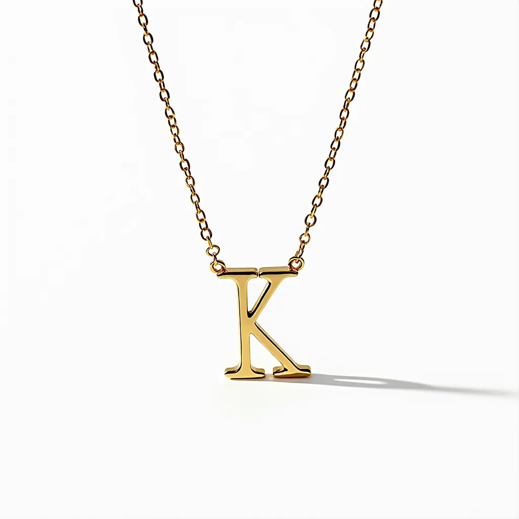 This gold initial necklace features a lustrous "K" pendant crafted from a polished gold material, giving it an elegant and classic appearance. The initial is suspended on a delicate gold chain that complements the pendant's shine. The necklace is attached with a standard clasp, ensuring secure wear while maintaining a simple yet sophisticated design. The overall craftsmanship highlights the letter itself as the central element of this fashionable piece.