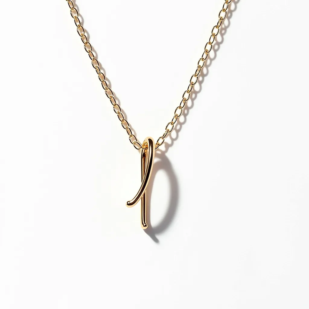 This gold initial necklace features a delicate chain and a pendant in the form of a stylized letter. The material appears to be polished gold, presenting a sleek and elegant design. The chain has evenly spaced links, giving it a classic look, and the pendant hangs smoothly from the chain. There are no visible gems or stones on this piece, which focuses on the simplicity and sophistication of the gold material. The necklace likely has a standard clasp mechanism typically used in similar jewelry pieces for secure wear.