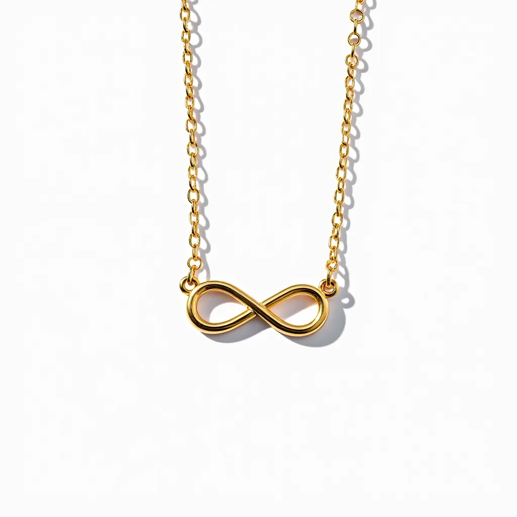 This gold initial necklace features a delicate and elegant infinity symbol crafted from polished gold. The symbol is integrated seamlessly within a fine gold chain, which accentuates its minimalist design. The chain links are uniform in size, contributing to the necklace's refined and understated style. The clasp appears to be a standard spring ring, ensuring a secure fit when worn. This piece does not include any additional stones or gems, focusing instead on the timeless appeal of the gold material and the symbolic infinity design.