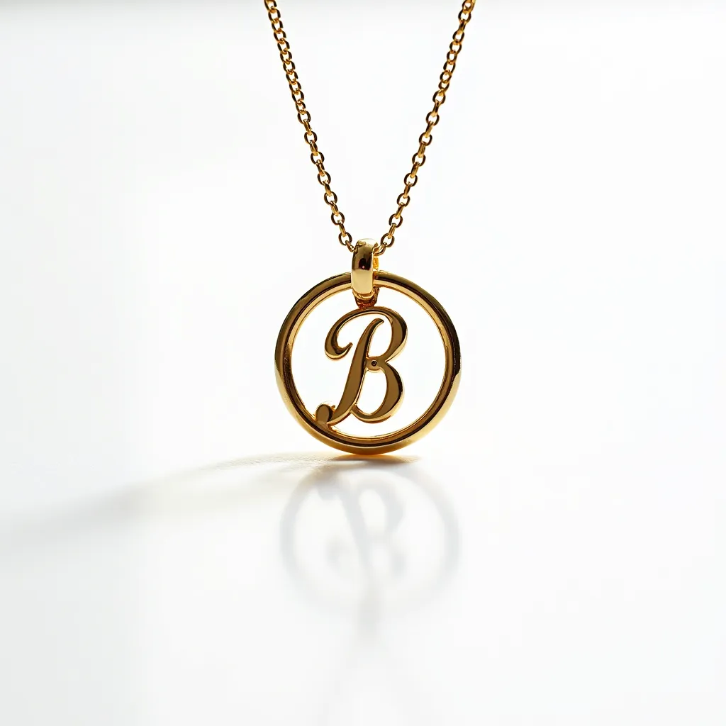 This gold initial necklace features a beautifully crafted letter "B" encased within a circular gold frame. Made from polished gold, the pendant has a smooth and shiny finish that enhances its elegant appearance. The letter "B" is boldly centered inside a concentric circle, which hangs from a delicate yet sturdy gold chain. The chain appears to be a classic cable style, linking seamlessly into a small bail at the top of the pendant, which provides both security and flexibility of movement. The necklace does not feature any gems or stones, maintaining a minimalist and sophisticated design. The clasp is not visible in the image, underscoring the emphasis on the pendant's simplistic and timeless charm.