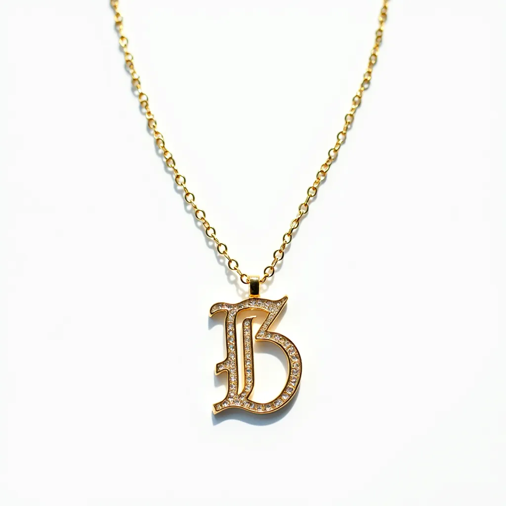 This gold initial necklace features an ornate letter "B" pendant crafted from polished gold. The surface of the initial is encrusted with small, round-cut stones, likely diamonds, set in a pavé style, which adds a touch of sparkle and elegance to the piece. The pendant is securely attached to a delicate gold chain through a simple, unobtrusive bail at the top of the letter. The chain itself appears to be composed of closely linked gold ovals, providing a continuous and harmonious design. The necklace likely features a standard clasp for ease of wear.