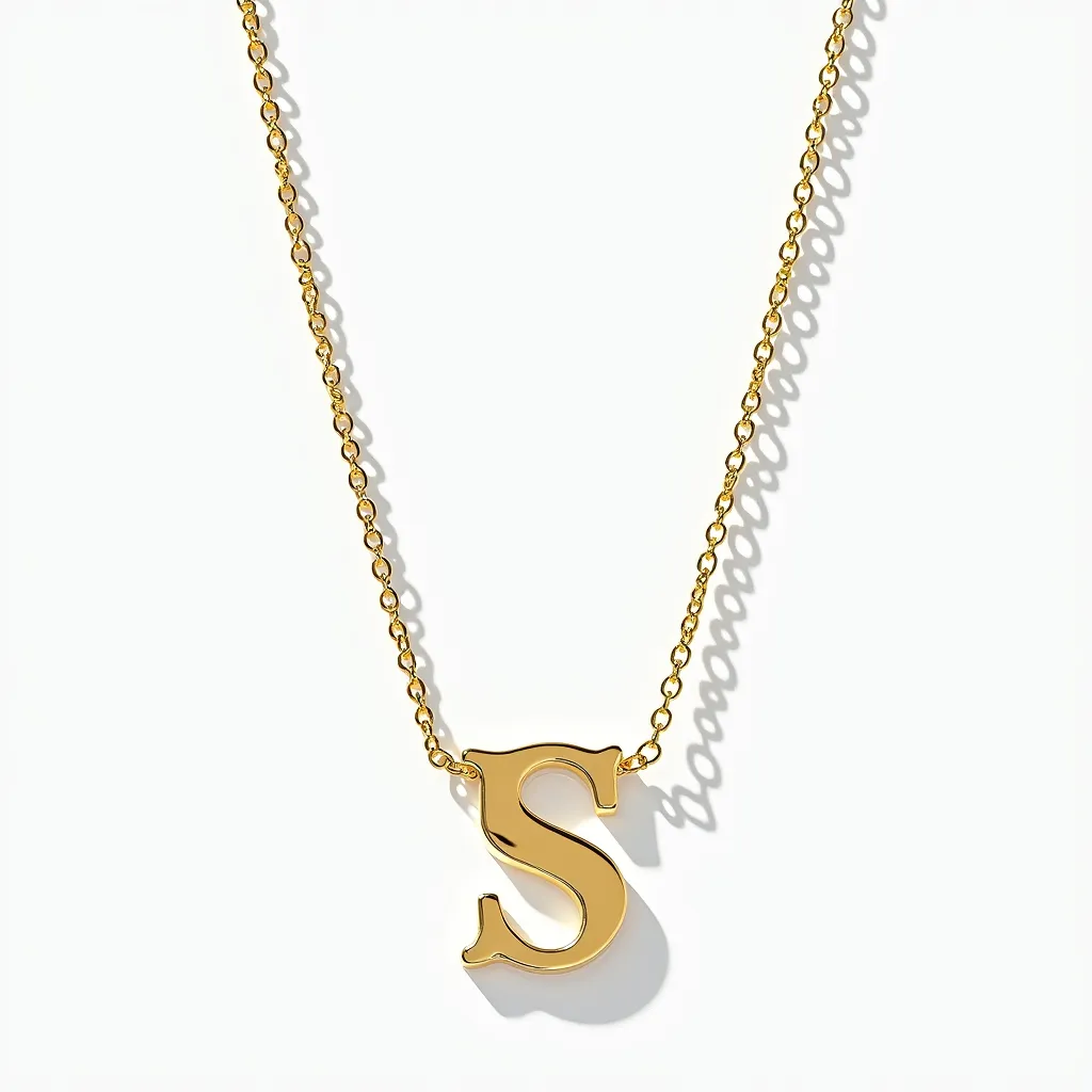 This gold initial necklace features a polished letter "S" charm as its centerpiece, crafted from high-quality gold. The charm hangs elegantly from a delicate gold chain, which is composed of fine interlocking links, giving the necklace a sleek and sophisticated appearance. The necklace's design highlights the initial without any additional stones or embellishments, allowing the gold's natural sheen to stand out. It likely includes a secure clasp for easy wear and removal, ensuring both functionality and elegance in its overall design.