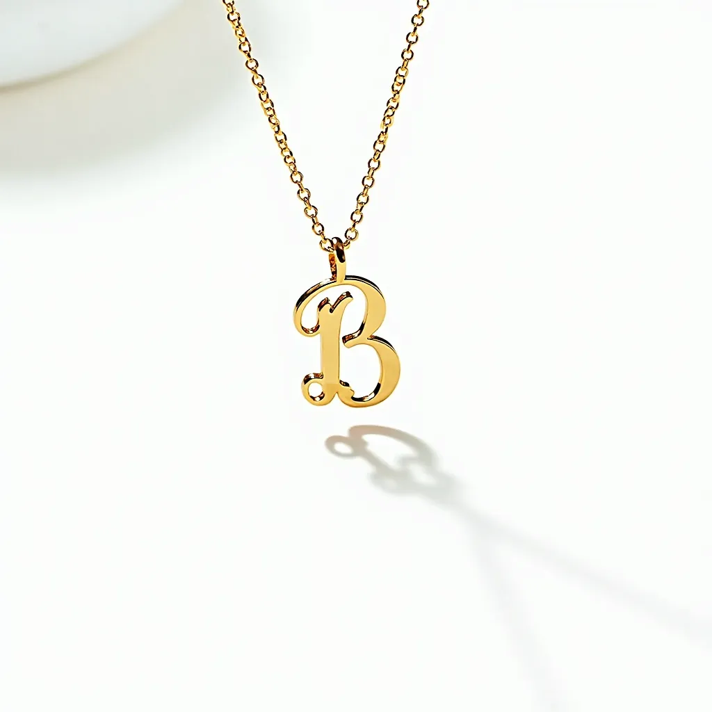 This gold initial necklace features a delicate chain supporting a pendant in the shape of the letter "B". The material appears to be polished gold, giving it a smooth and shiny finish. The pendant has a classic cursive design, emphasizing elegance. The chain is composed of small interconnected links, likely crafted for flexibility and durability. At the top, the pendant is attached to the chain with a small loop, ensuring it hangs securely. This refined piece exhibits a minimalist yet sophisticated style, suitable for everyday wear or special occasions.