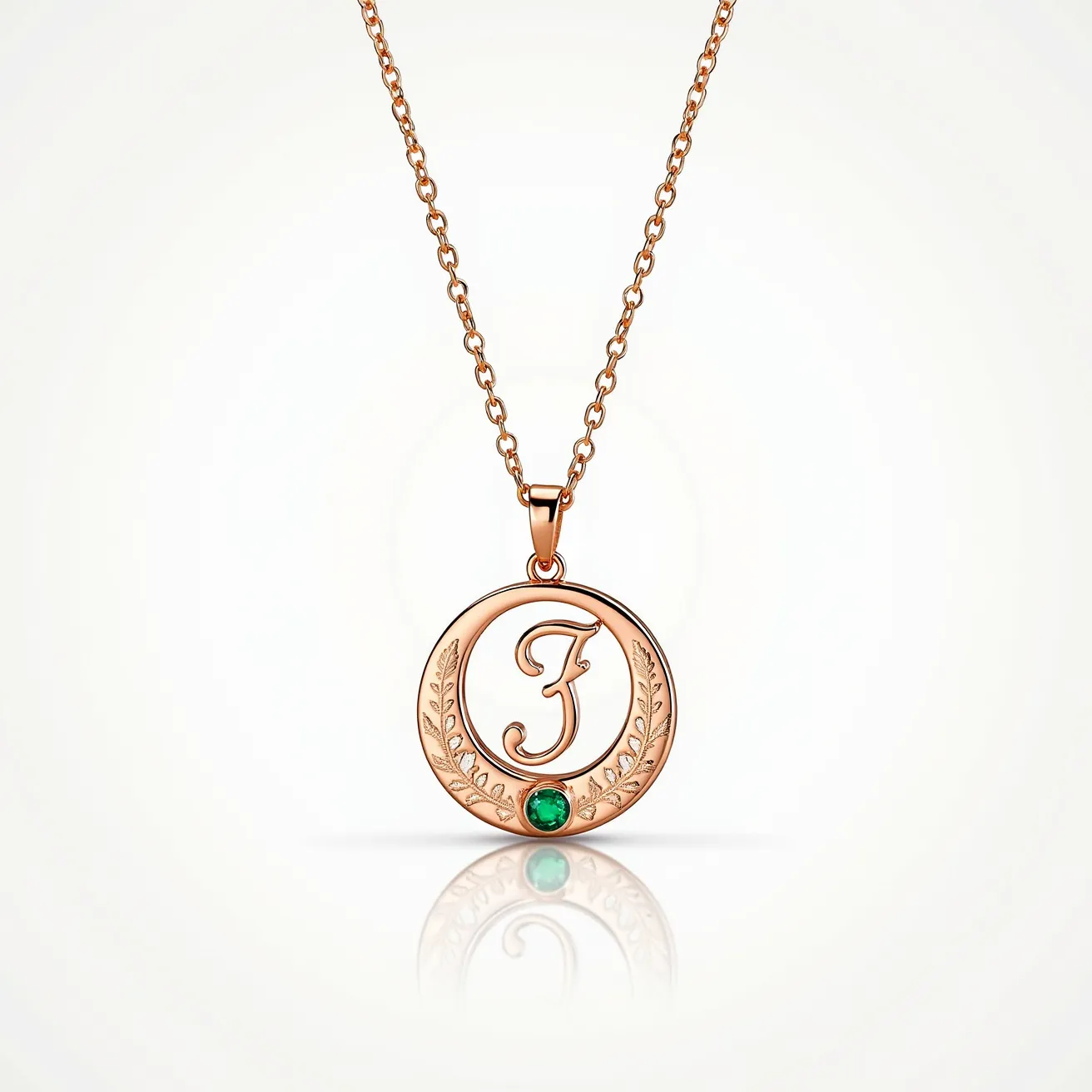 This gold initial necklace features a delicately crafted gold pendant, which is round in shape and houses an ornate initial “J” at its center. The pendant is adorned with elegant leaf motifs that add an intricate detail to the design, enhancing its refined appearance. At the bottom of the pendant, there is a round, green gemstone, possibly an emerald, set in a bezel setting that adds a pop of color and sophistication. The pendant is attached to a fine, gold chain with a simple and secure bail that allows the necklace to hang elegantly around the neck. The overall composition showcases a harmonious blend of craftsmanship and elegant design, perfect for personal gifting or everyday wear.