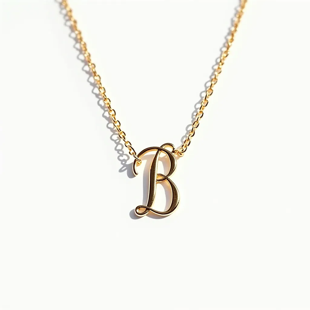 This gold initial necklace features a beautifully crafted letter "B" pendant, elegantly suspended from a delicate gold chain. The pendant and chain appear to be made from polished gold, exuding a warm, lustrous sheen that enhances its sophisticated design. The necklace is likely to have a simple clasp for secure fastening, contributing to its refined and minimal aesthetic. The clean lines and smooth curves of the initial demonstrate skilled craftsmanship, making it a timeless and personalized accessory without the addition of any gemstones or embellishments.