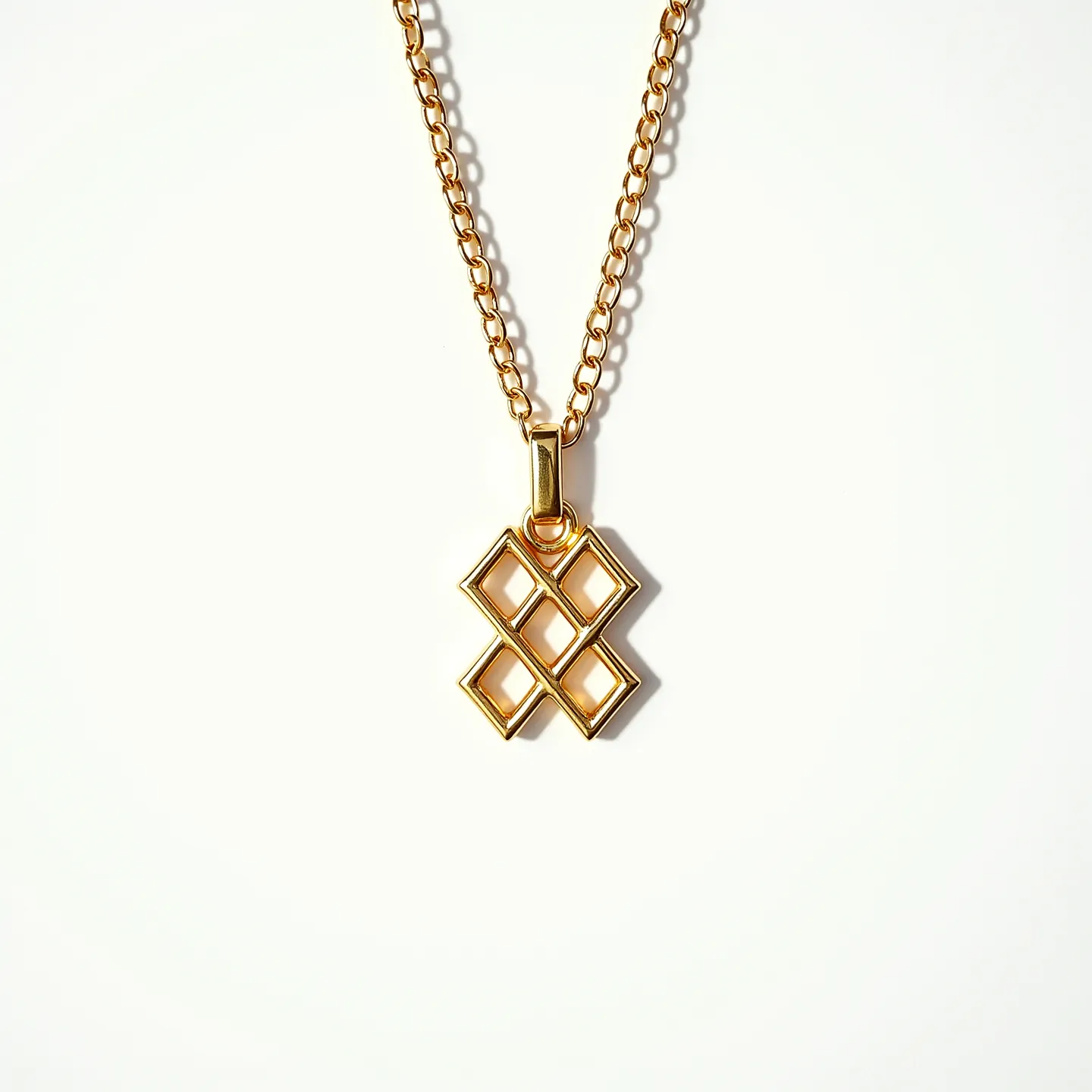 This gold link necklace features a polished and elegant design characterized by interlocking chain links that create a fluid, continuous appearance. The centerpiece is a geometric pendant comprising intersecting diamond shapes, highlighting modern artistry with clean lines and open spaces. Made primarily from gold, the necklace showcases a lustrous finish, enhancing its allure and luxurious feel. The pendant is securely attached to the chain, seamlessly integrating with the overall design. The necklace is completed with a simple, functional clasp that ensures ease of wear and removal, maintaining the necklace's overall sophisticated and minimalist aesthetic.