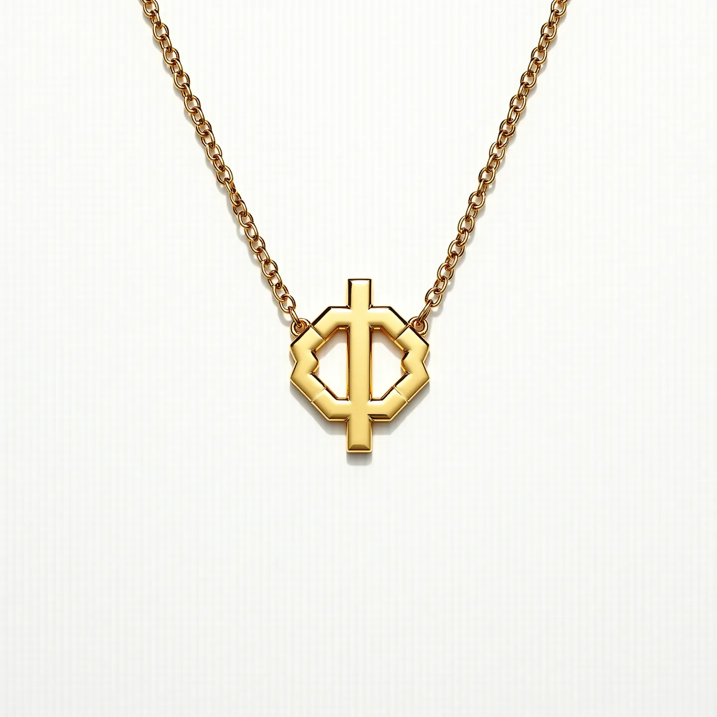 This gold link necklace features a finely crafted design with interlocking gold links, forming a chain of uniform appearance. The focal point of the necklace is a geometric gold pendant characterized by a smooth, polished finish that catches the light. The pendant is fixed in place, allowing it to rest consistently at the center of the chain. The necklace likely utilizes a secure clasp that integrates seamlessly with the design, ensuring both functionality and elegance. The entire piece exudes a sense of sophistication through its minimalist yet bold aesthetic, making it suitable for various occasions.