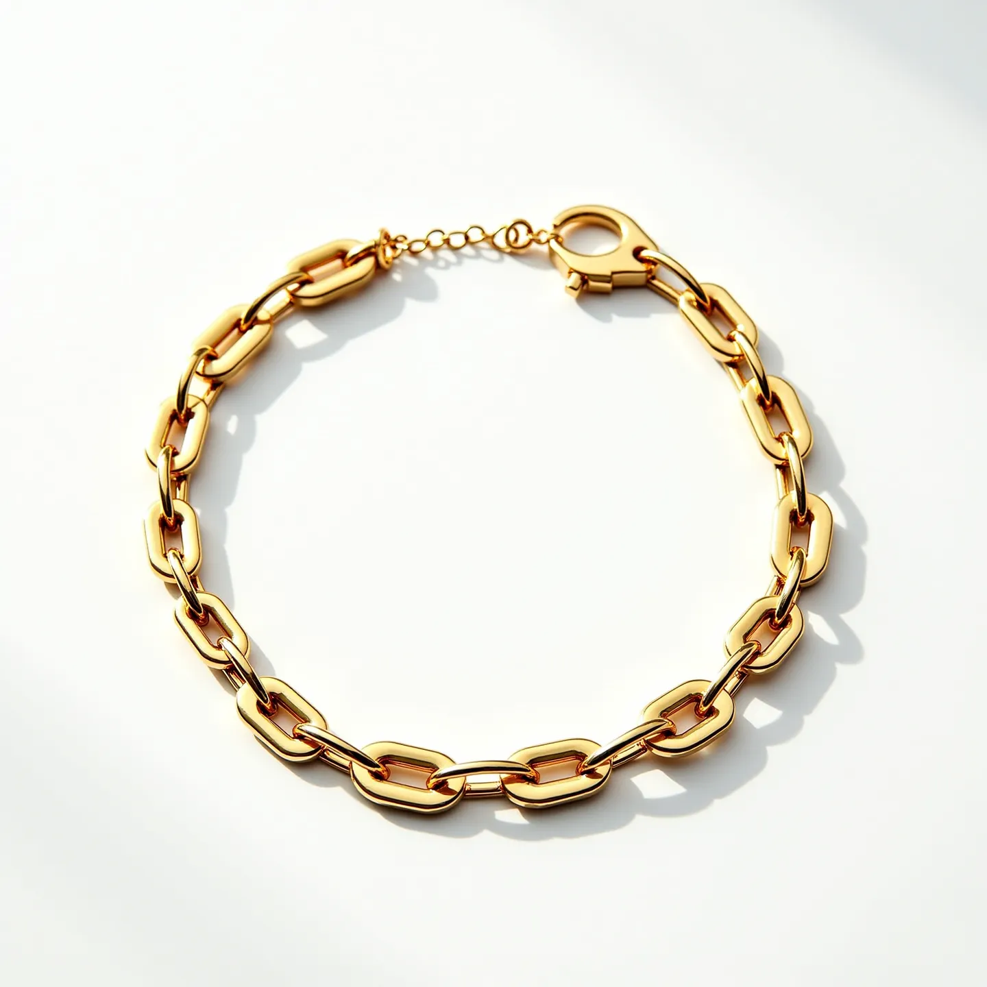 This gold link necklace features a series of polished, oval links that form a continuous chain, showcasing a classic and elegant design. Each link is crafted from a luminous gold material that shines with a rich, yellow hue, emphasizing the luxurious quality of the piece. The necklace is secured with a robust lobster clasp, providing both functionality and a seamless appearance. The overall craftsmanship highlights a minimalist yet sophisticated style, making it a versatile accessory for various occasions.