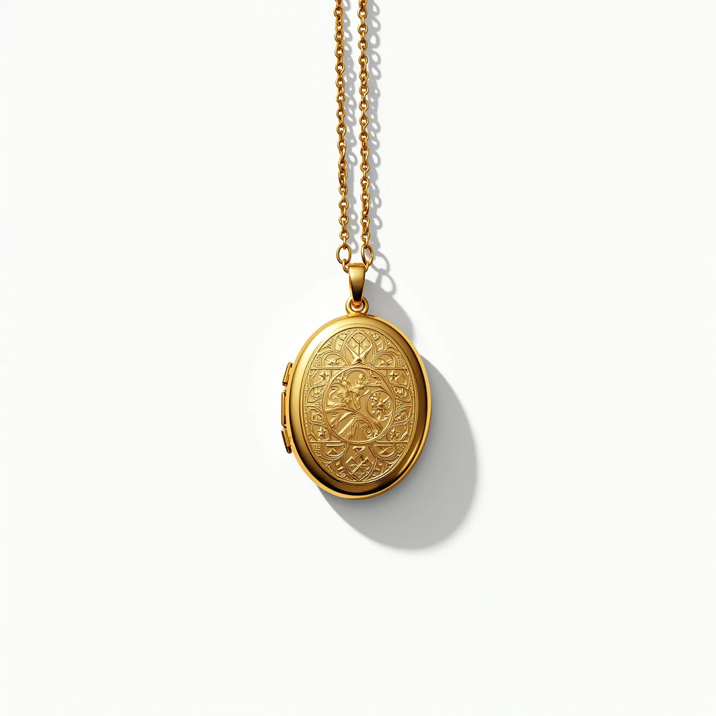 This gold locket necklace features an intricately engraved oval pendant crafted from polished gold, showcasing a detailed floral and swirl motif. The design enhances its vintage allure, giving it a classic and timeless appeal. The locket is attached to a delicate gold chain through a small, sturdy bail, allowing it to hang elegantly around the neck. It secures with a spring ring clasp, ensuring ease of use and reliable wear. The craftsmanship highlights the gold's warm luster, making it both a beautiful and versatile accessory.