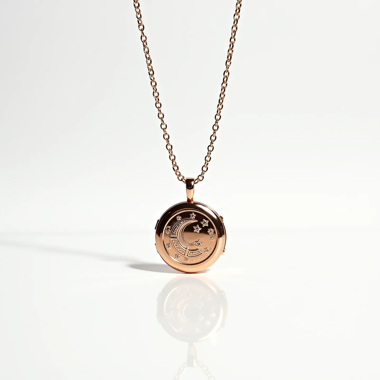 This gold locket necklace features a round pendant made from polished gold that exhibits an intricate celestial design on its surface, including stars and a crescent moon. The locket hangs from a delicate gold chain, which is likely crafted from the same metal, ensuring a cohesive look. The stars and moon design is accented with small, sparkling gems, possibly diamonds or another clear stone, enhancing the overall elegance of the piece. The locket is attached to the chain by a simple gold bail, and the chain itself closes with a standard spring ring clasp, providing secure and easy attachment.