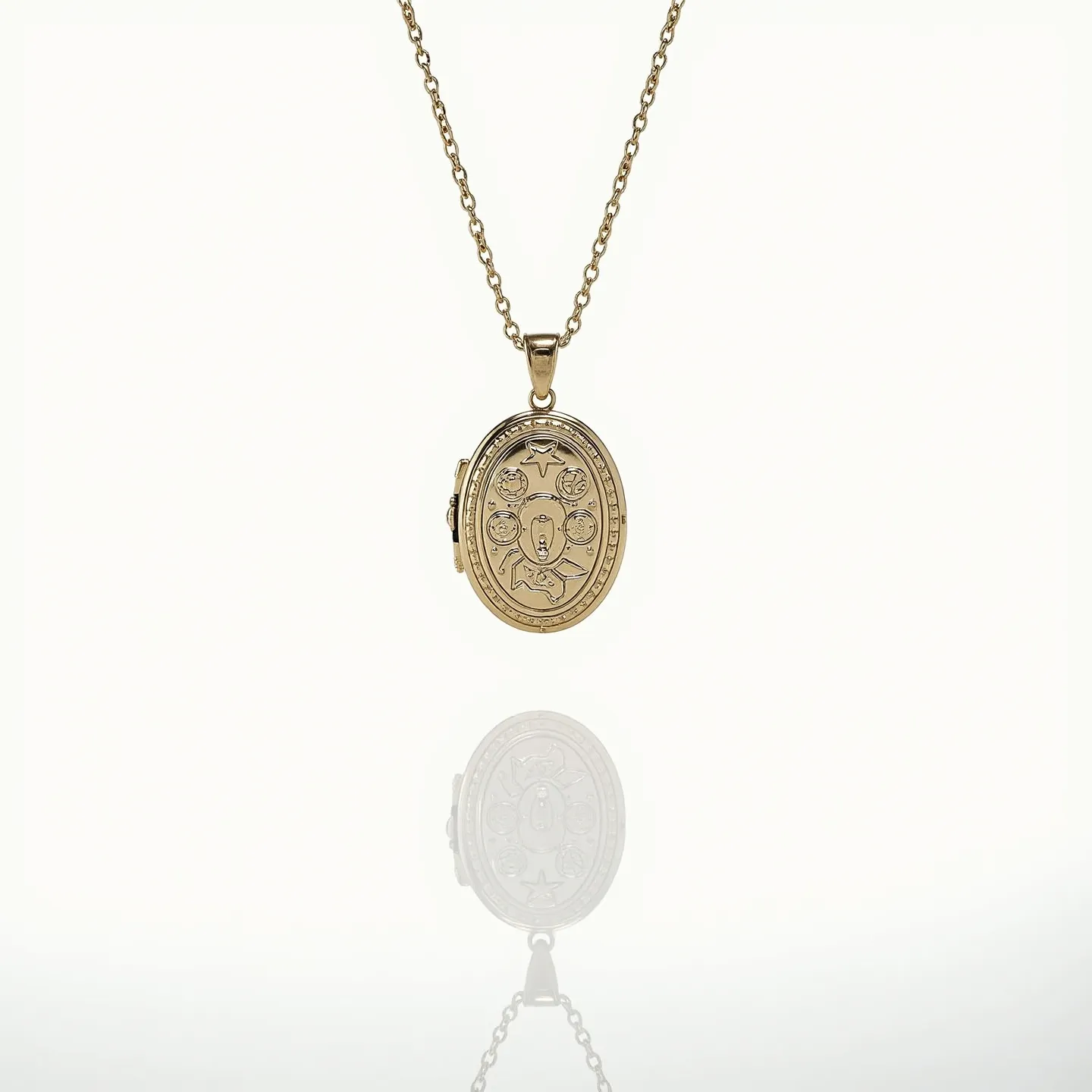 This gold locket necklace features an elegant oval-shaped pendant meticulously crafted from gold, showcasing intricate engraved designs that add a touch of vintage charm. The pendant is suspended on a fine gold chain, which complements the luster of the locket. The surface of the locket exhibits several small, round gems, likely diamonds, set into the design with a classic bezel setting that enhances their sparkle while maintaining a secure hold. The necklace is equipped with a traditional spring ring clasp, ensuring both ease of use and secure fastening, making it a perfect blend of style and functionality.