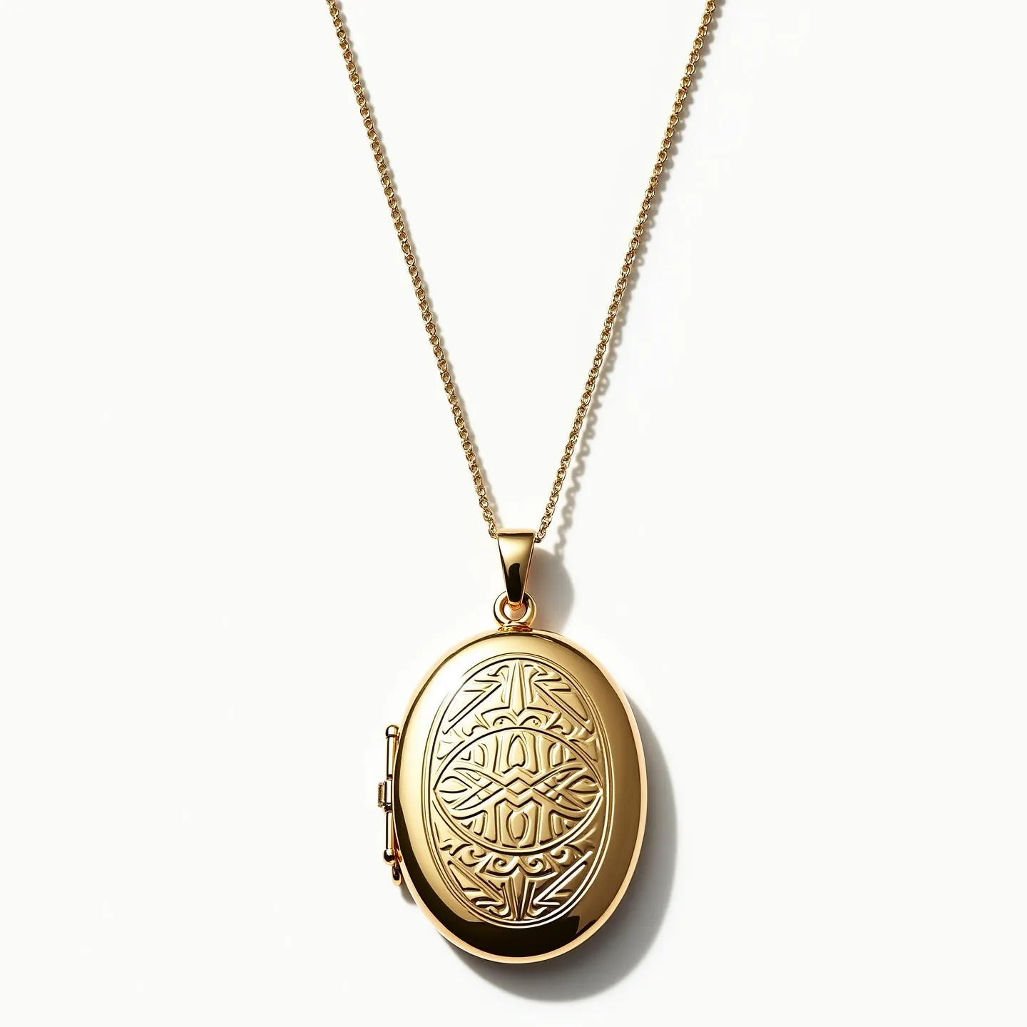 This gold locket necklace features a beautifully crafted oval pendant, adorned with an intricate embossed pattern that adds an artistic touch to its design. Made of a polished gold material, the locket showcases classic elegance and timeless appeal. The locket is suspended from a delicate gold chain, which is fine yet sturdy, providing both durability and a refined aesthetic. The pendant is attached to the chain with a small, smooth bail, allowing it to hang gracefully when worn. The locket is designed to open, indicating a potential space for personal mementos or pictures, secured with a subtle hinge on one side. The necklace is fastened with a simple, yet reliable, clasp, ensuring ease of wear and security.