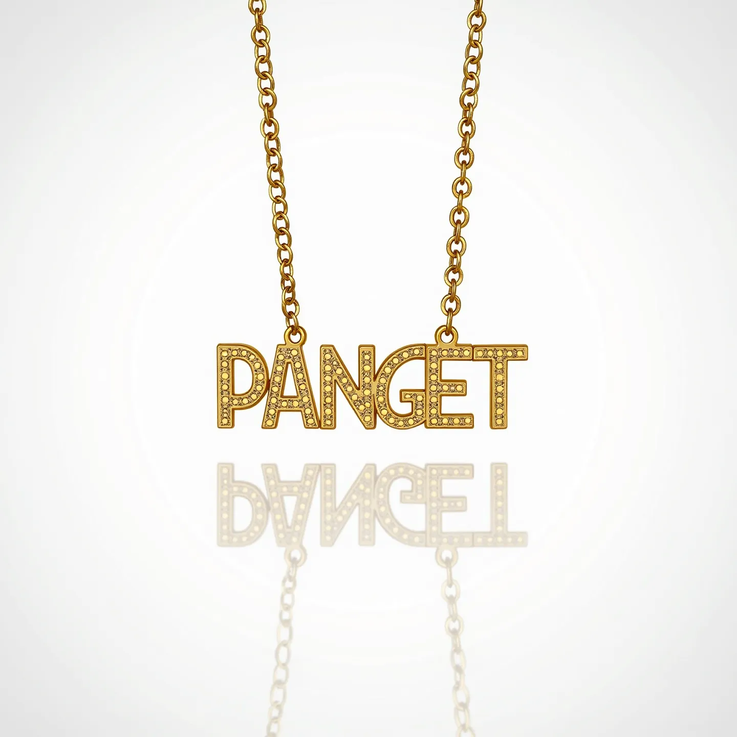 This gold name necklace features the word "PANGET" crafted in gold, with each letter adorned with small, evenly set gemstones. The stones appear to be embedded closely together, providing a shimmering effect. The necklace is supported by a medium-length gold chain, which is likely secured by a clasp at the back to ensure wearability. Each letter of the name is uniformly shaped, contributing to the overall elegance of the piece. The sturdy setting and the bright finish suggest attention to both aesthetics and durability.