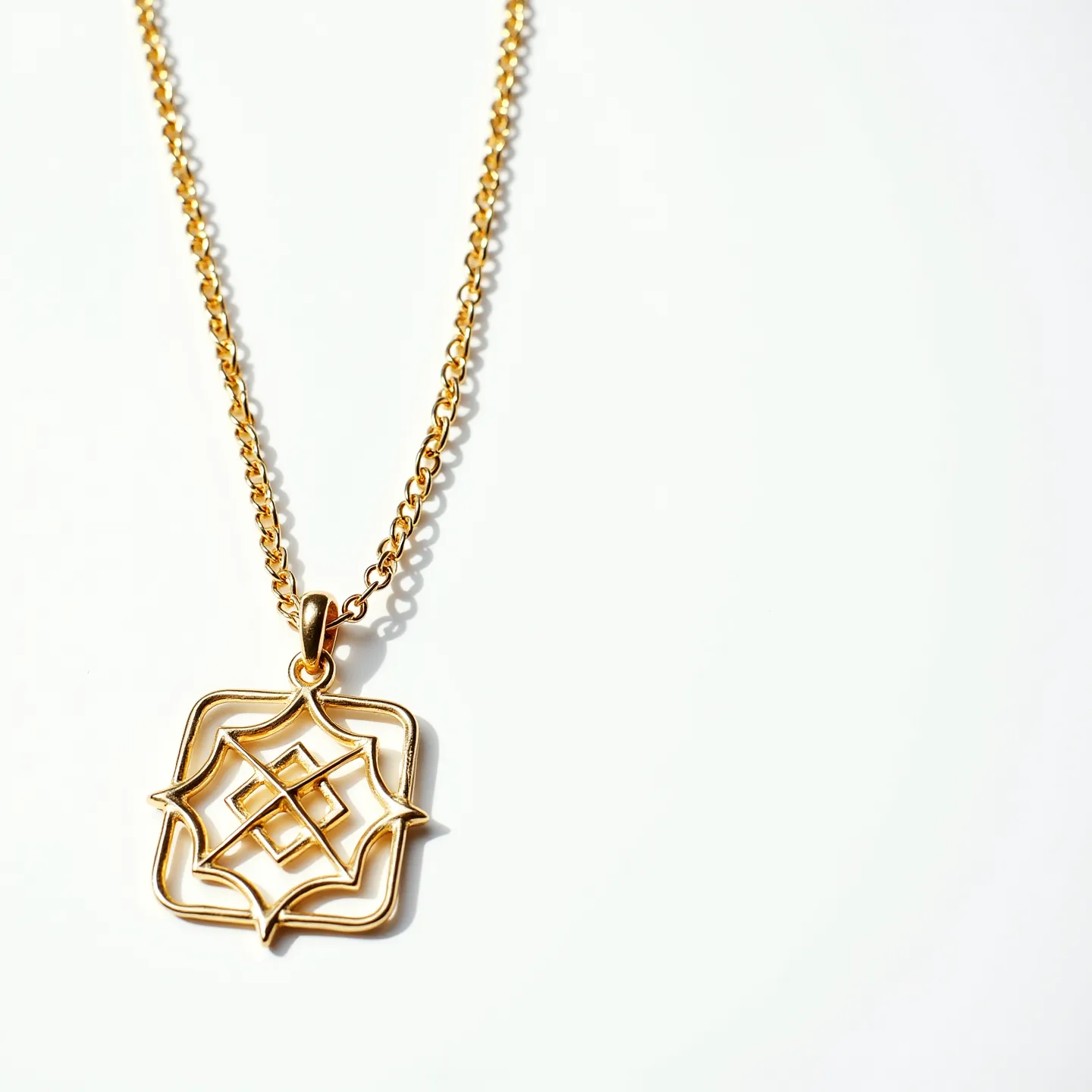 This gold necklace features a chain crafted from interlocking links that suggest a classic design. It is adorned with a distinctive geometric pendant, showcasing an intricate pattern that adds visual interest. The pendant has an open framework, enhancing the overall elegance without the inclusion of any gemstones. The necklace is likely fitted with a standard clasp for easy fastening, ensuring secure wearability. The simple yet refined aesthetics make this piece versatile for various occasions.