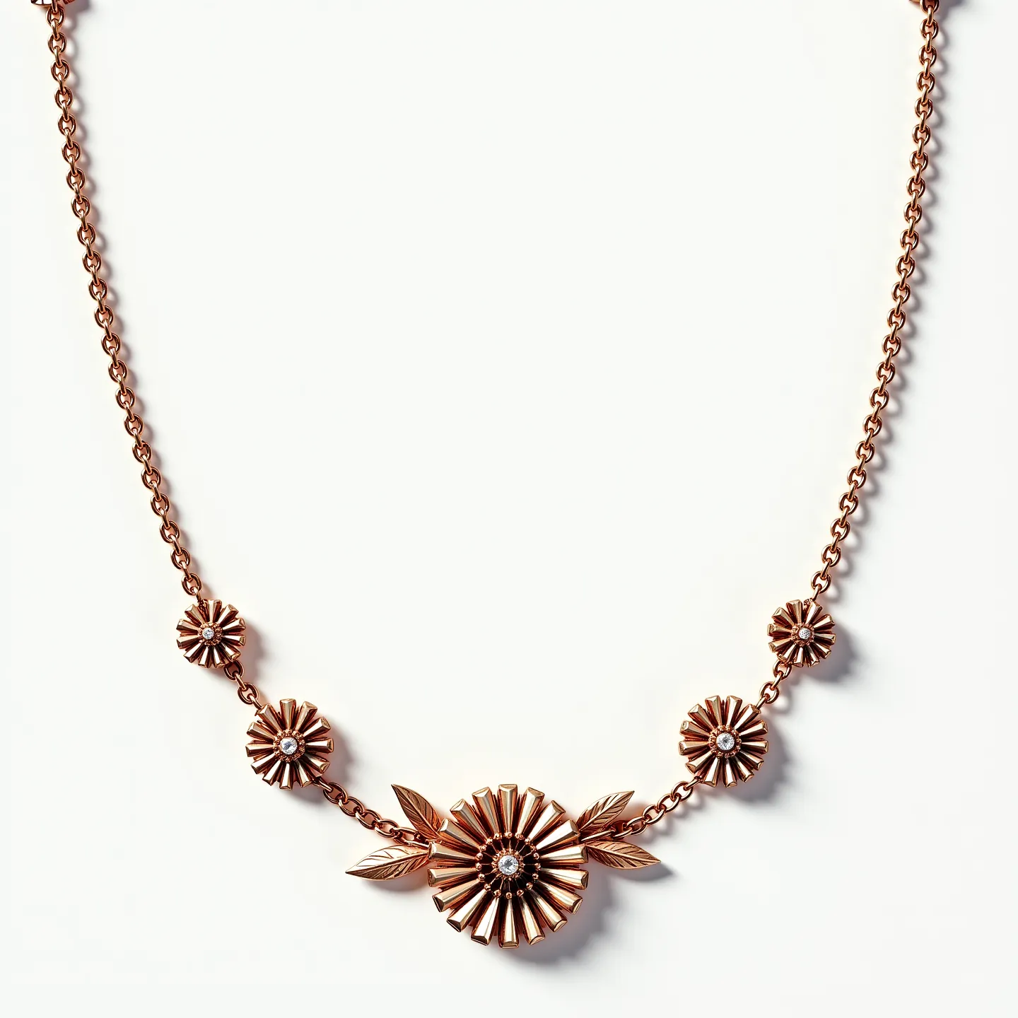 This gold necklace features a series of floral motifs crafted from what appears to be a warm-toned gold. Each flower is intricately designed with a radial pattern, accented by small, round gemstones at the center, potentially diamonds, which add a subtle sparkle. The flowers are connected by a delicate chain, enhancing the elegance of the piece. The necklace also includes leaf-like elements adjacent to the central flower, maintaining the botanical theme. It is secured with a classic lobster clasp, ensuring both style and functionality.