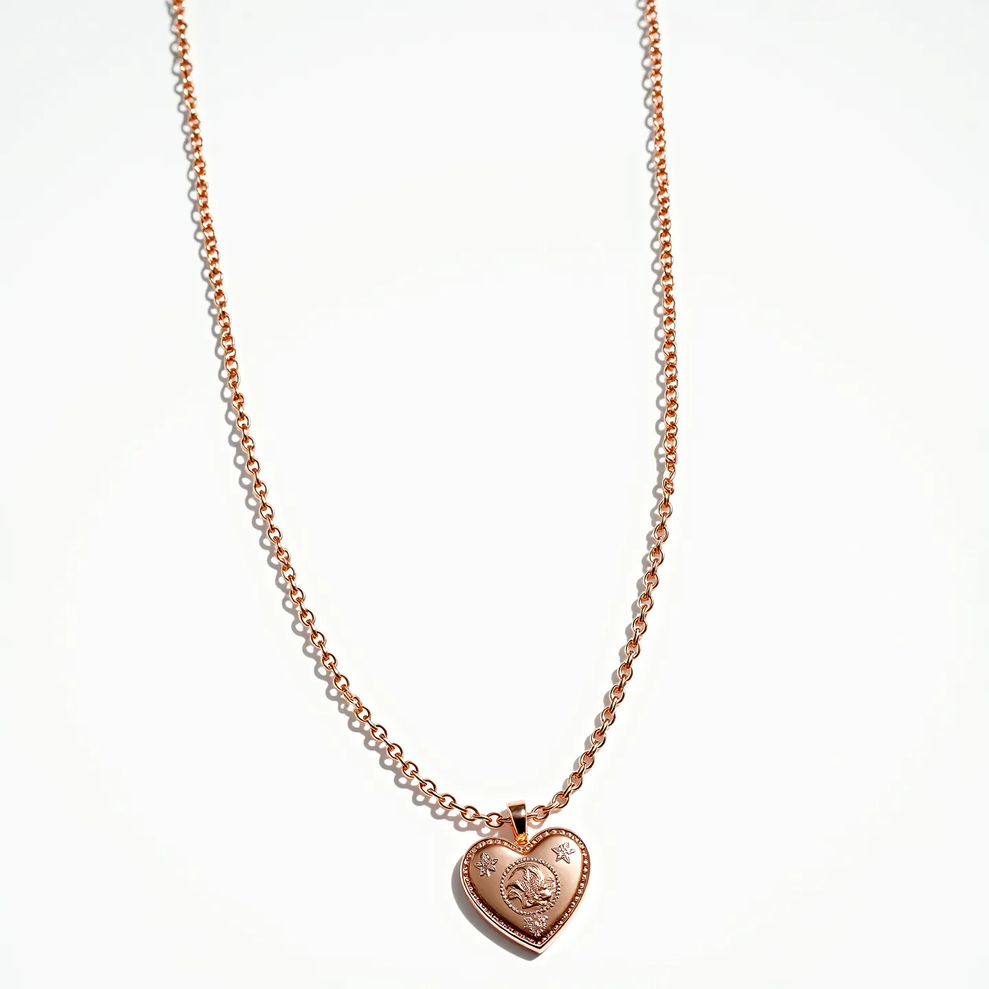 This heart chain necklace features a warm rose gold-toned metal that adds an elegant touch to the design. The heart pendant, intricately engraved, is adorned with small gemstone accents, possibly diamonds, set into star-shaped settings that provide a captivating sparkle. The chain has a classic link style, complementing the pendant’s design with a refined and cohesive appearance. A secure, discreet clasp ensures the necklace remains fastened comfortably and securely around the wearer’s neck.