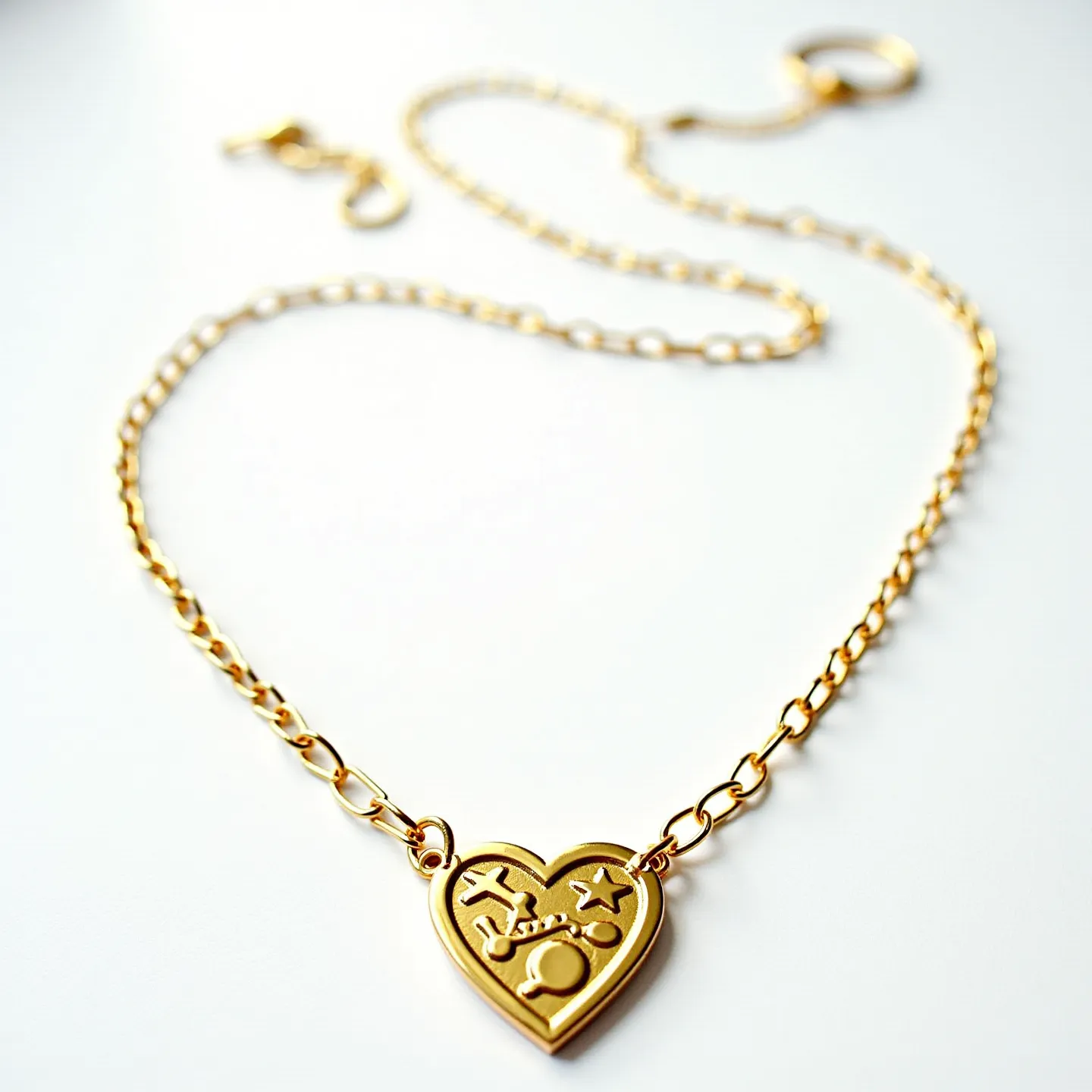 This heart chain necklace features a gold-toned metal heart pendant intricately designed with celestial and abstract symbols, enhancing its unique appeal. The pendant is connected to a matching gold-toned chain with oval links, creating a cohesive and elegant look. The necklace is secured with a lobster clasp, ensuring both style and functionality in its design.