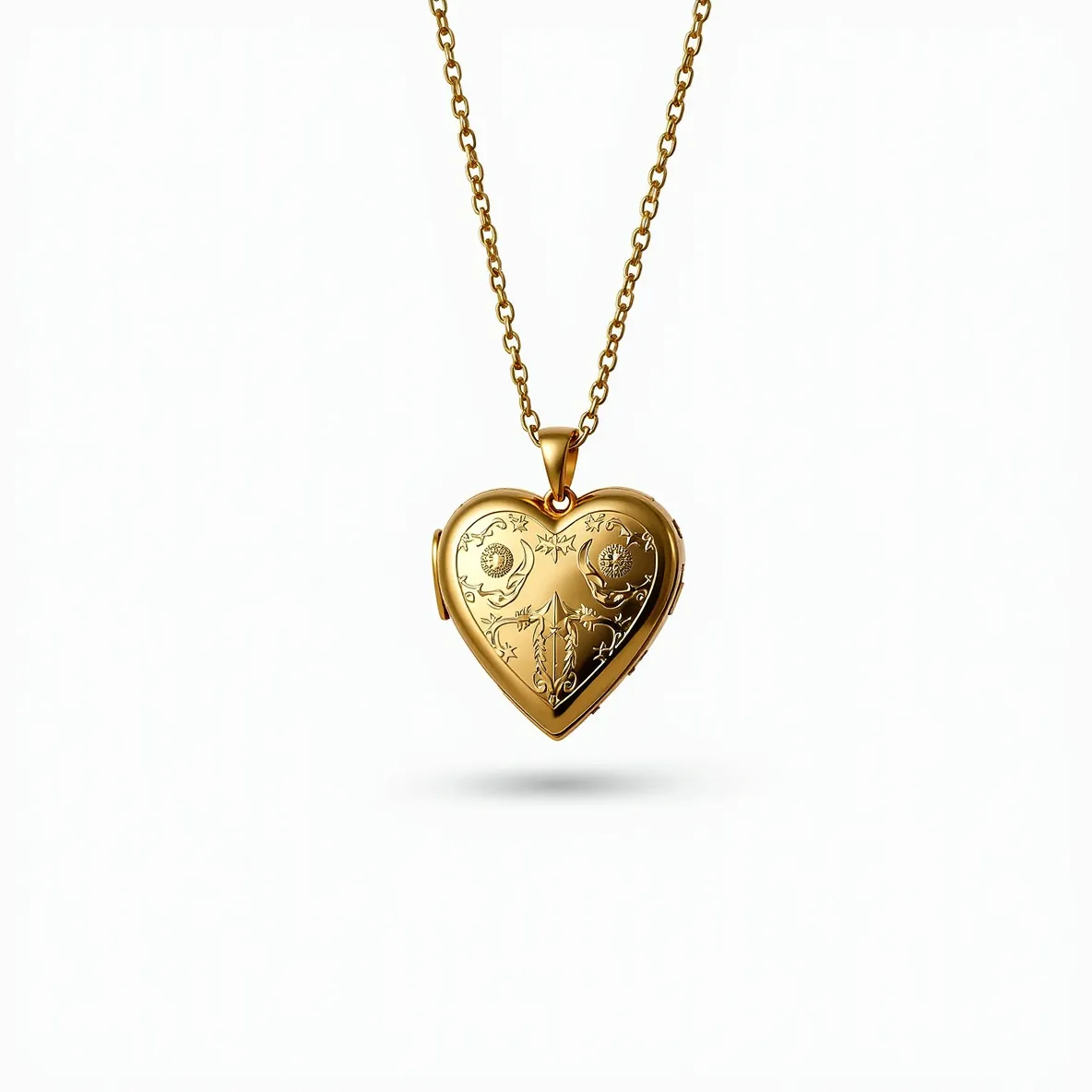 This heart locket exhibits a delicate design crafted from what appears to be a polished gold material, showcasing an intricate floral engraving on its surface. The locket is complemented by a sturdy, matching gold chain with a series of interlocking links, lending both strength and elegance to the piece. The attention to detail in the engraved pattern highlights a classic and timeless aesthetic, making it a captivating piece of jewelry. It features a hinged opening, suggesting it can hold a small photograph or memento inside. The locket is elegantly suspended by a small, gold bail that connects seamlessly to the chain, ensuring it remains securely attached.