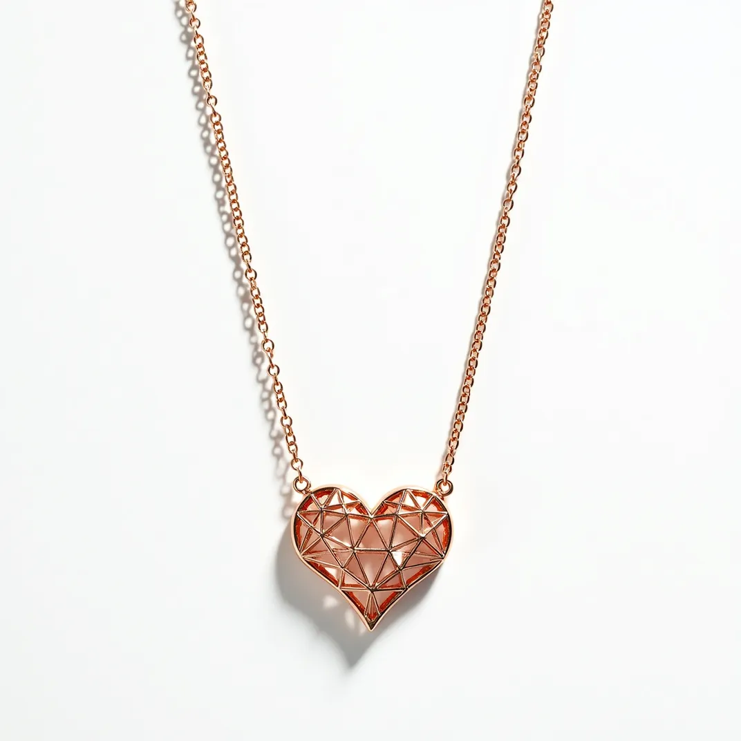 This heart necklace features a geometric heart pendant crafted from a metal with a warm, rose gold tone. The design is characterized by an intricate lattice framework, creating a faceted appearance without actual gemstones or crystals. The pendant is elegantly integrated into a delicate chain, maintaining a uniform color and finish. The necklace is equipped with a standard lobster clasp, ensuring secure closure and easy adjustment. This piece presents a modern and minimalist aesthetic, accentuated by its sleek form and polished metal texture.