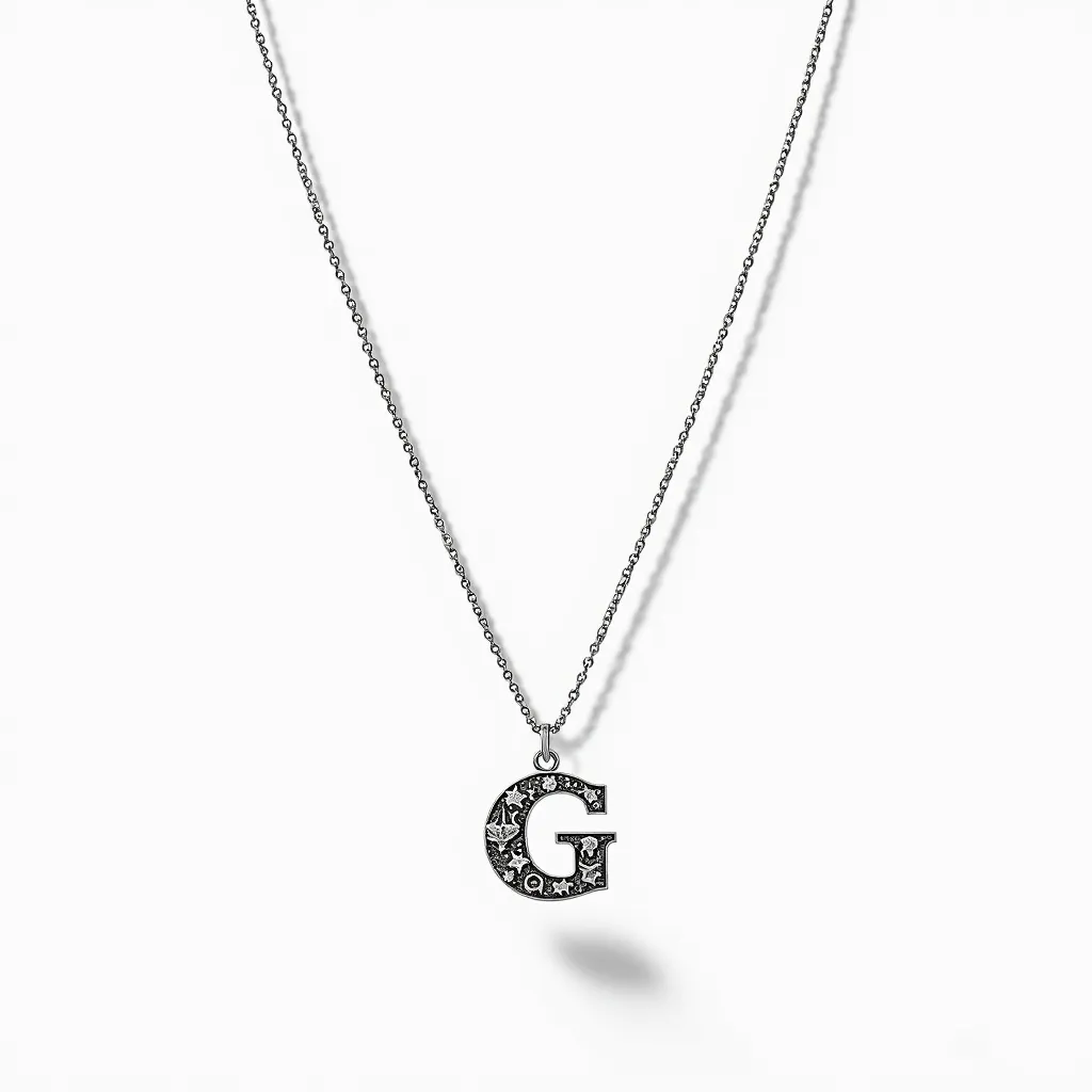 This initial charm necklace features a delicate chain crafted from a silver-toned metal, showcasing a single prominent charm in the shape of the letter "G." The charm is embellished with a variety of small, glistening stones that appear to be set in a pavé style, creating a textured and sparkling effect across the metal surface. The stones are round-cut, adding an element of elegance and shine. The charm is securely attached to the chain with a small, discrete loop, allowing it to hang freely. The necklace likely includes a simple clasp for fastening, providing a seamless and stylish accessory.