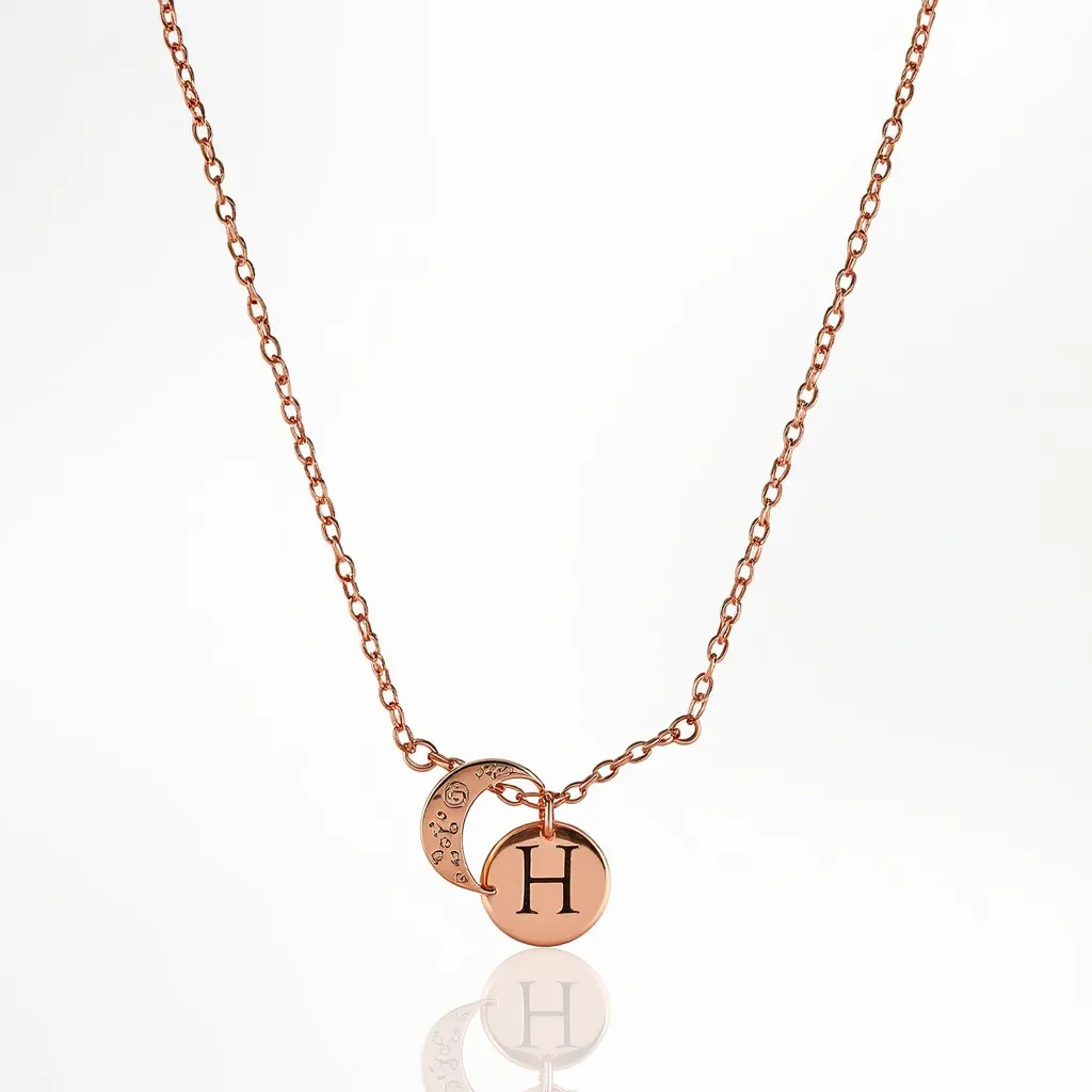 This initial charm necklace features a delicate chain made of rose gold, giving it a warm and elegant appearance. Attached to it are two charms: a circular disc with the letter "H" engraved on it and a crescent moon charm adorned with small, sparkling gems adding a touch of shimmer. The crescent moon appears to have a collection of tiny, round-cut stones set in a pavé style, enhancing its elegant design. The necklace is secured with a spring ring clasp, ensuring it stays comfortably in place when worn.