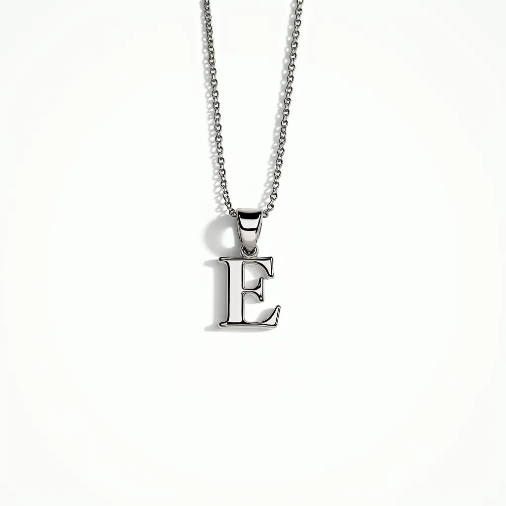 This initial charm necklace features a single letter "E" pendant crafted from polished metal, likely stainless steel or silver, offering a sleek and contemporary look. The charm is suspended from a simple, classic chain composed of small, evenly-linked loops, enhancing the understated elegance of the piece. The pendant is attached via a sturdy bail, allowing smooth movement along the chain. The necklace is completed with a standard clasp mechanism, ensuring secure wearability.