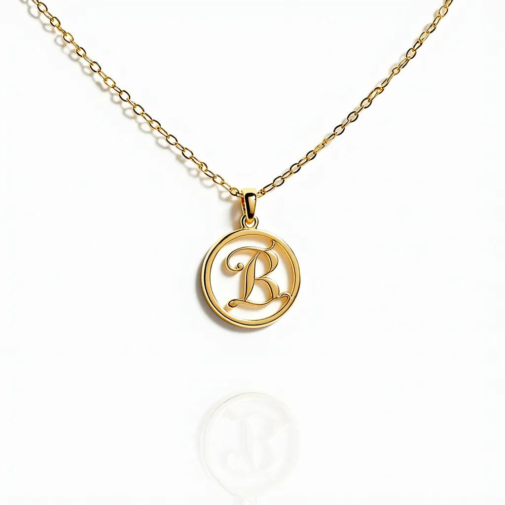 This initial charm necklace features a delicate gold chain with an ornate circular charm. The charm showcases a polished letter "B" set within its frame, highlighting sleek and elegant craftsmanship. The material appears to be a shiny gold, exuding a luxurious and refined look. The chain has an interlocking link pattern, providing a secure and elegant design. The pendant is connected to the chain through a smooth, simple bail at the top, ensuring it hangs gracefully. This charming piece offers a personalized touch, perfect for adding a sophisticated flair to any style.