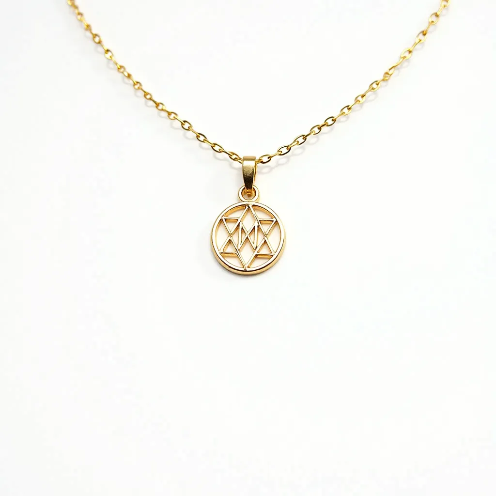 This initial charm necklace features a delicate gold chain and a circular pendant showcasing an intricate geometric design. The pendant is crafted from what appears to be gold or gold-plated metal, with no visible gems or stones. The pendant is attached to the chain through a small, matching gold loop. The chain's links are small and uniform, and it is likely secured with a standard clasp, typical of such necklaces. The overall design combines simplicity with a personalized touch, making it a versatile piece of jewelry.