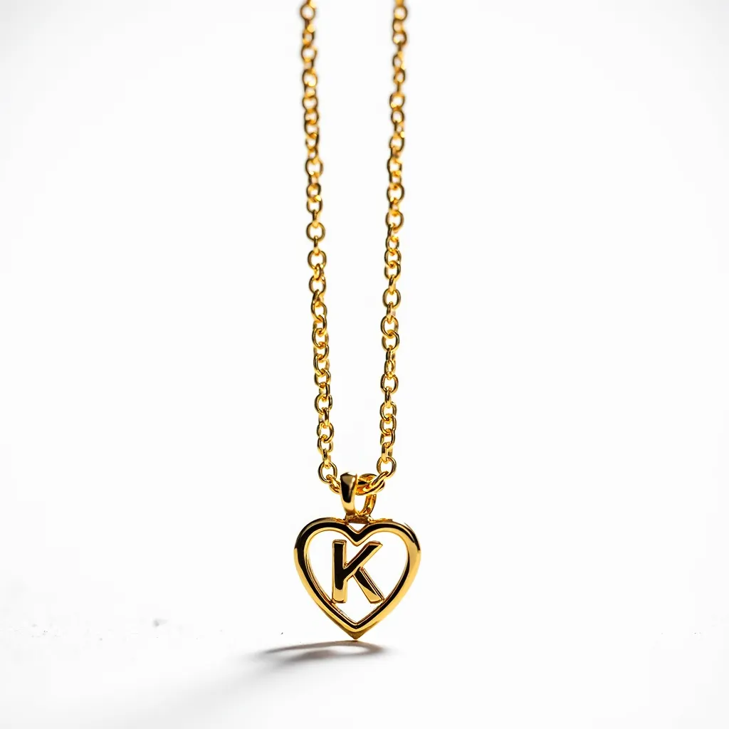 This initial charm necklace features a delicate heart-shaped gold pendant with the letter "K" elegantly centered within. The pendant hangs from a matching gold chain composed of small, circular links that provide both flexibility and a classic aesthetic. The gold appears to be polished, giving the necklace a bright, reflective shine. The initial and the heart outline suggest a personalized touch, ideal for gifting or personal wear. The necklace is likely secured with a standard clasp, consistent with similar pieces. The craftsmanship showcases a minimalist yet sophisticated design, focusing on the prominence of the letter "K" against the gold backdrop.