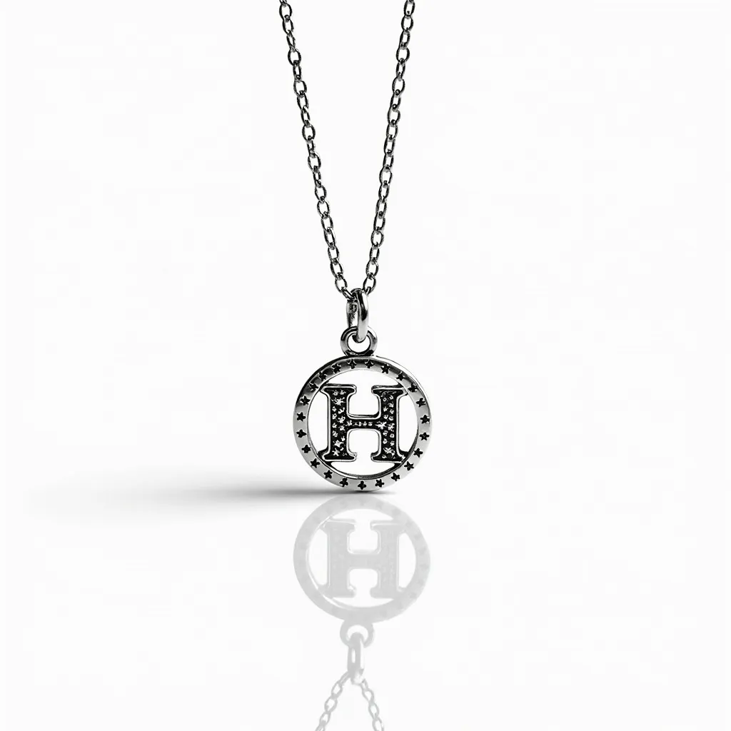 This initial charm necklace features a circular pendant with the letter "H" at its center, adorned with small, dark stones that may be either black diamonds or onyx, contributing an elegant contrast to the metallic material, likely sterling silver or white gold, of the charm. The pendant is accentuated by a rim of star motifs, adding a decorative touch. It is suspended from a delicate chain, which complements the overall refined design. The charm is securely attached to the chain by an unobtrusive but sturdy loop, ensuring durability while maintaining the necklace's graceful appearance.
