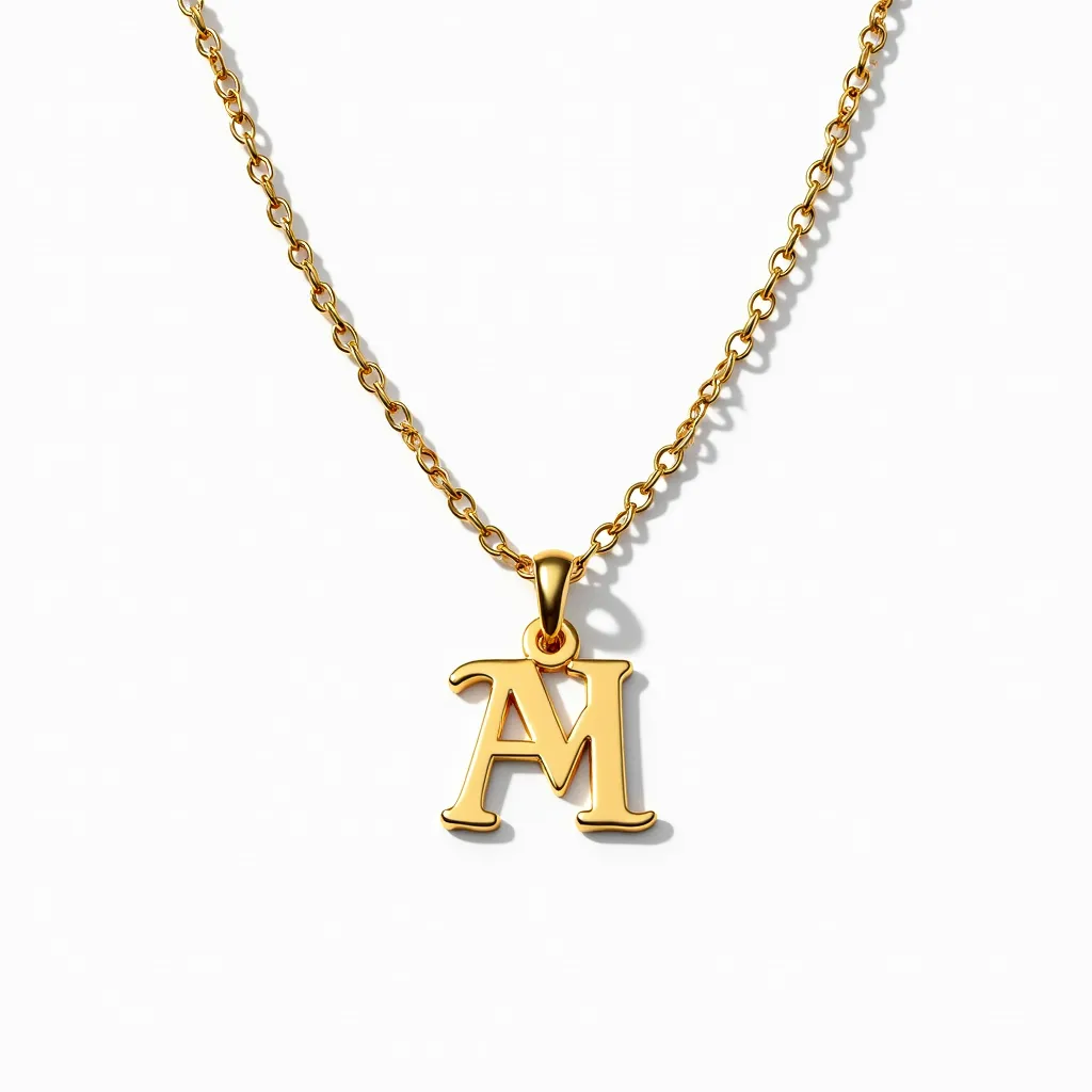 This initial charm necklace features a gold-toned chain and a charm shaped in the letter "A." The chain is composed of interlocking links that create a smooth, continuous loop, enhancing its elegant appearance. The charm is polished and shiny, catching light effectively to enhance its golden hue. It hangs from a small loop integrated into the chain, providing both security and fluidity of movement. The necklace is likely made from a gold alloy, adding durability while maintaining its luxurious aesthetic. The necklace is likely secured with a traditional clasp, ensuring ease of wear and removal.