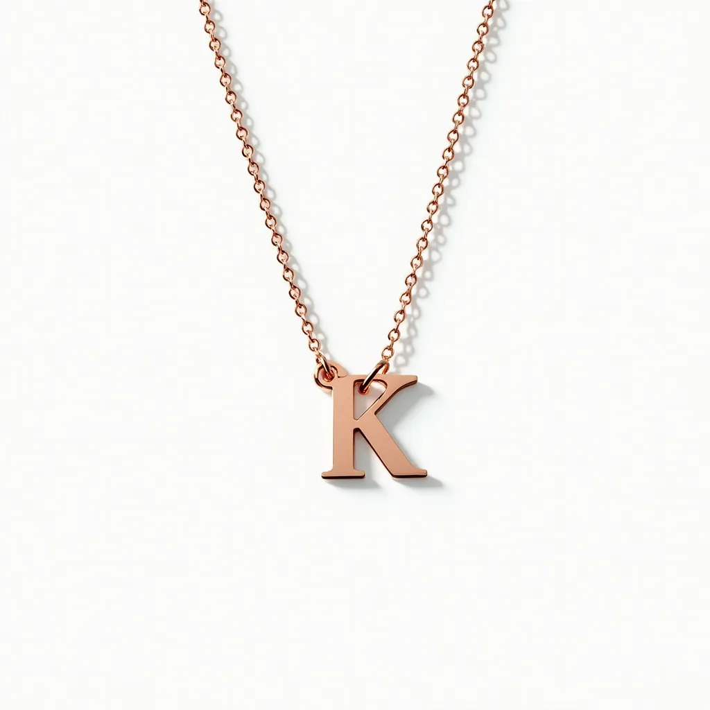 This initial charm necklace features a delicate chain crafted from rose gold, providing a warm and elegant hue. The centerpiece of the necklace is a polished letter "K," also made from rose gold, offering a minimalist yet personal touch. The letter is suspended from the chain through a small loop, seamlessly integrated into the design. The chain likely fastens with a simple clasp, ensuring both security and ease of use while retaining its refined aesthetic.