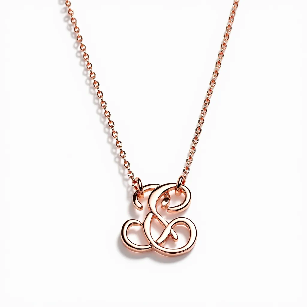 This initial charm necklace features a delicate rose gold charm in the shape of an ampersand, with a smooth, polished finish. The charm is connected to a fine rose gold chain through two small loops, allowing it to move slightly. The chain is composed of small, uniform links that enhance its refined appearance. Though the necklace does not display any visible gemstones, its elegant simplicity is highlighted by the warm hue of the rose gold. The necklace likely includes a standard clasp for securing it around the neck, characteristic of minimalist design and practical functionality.