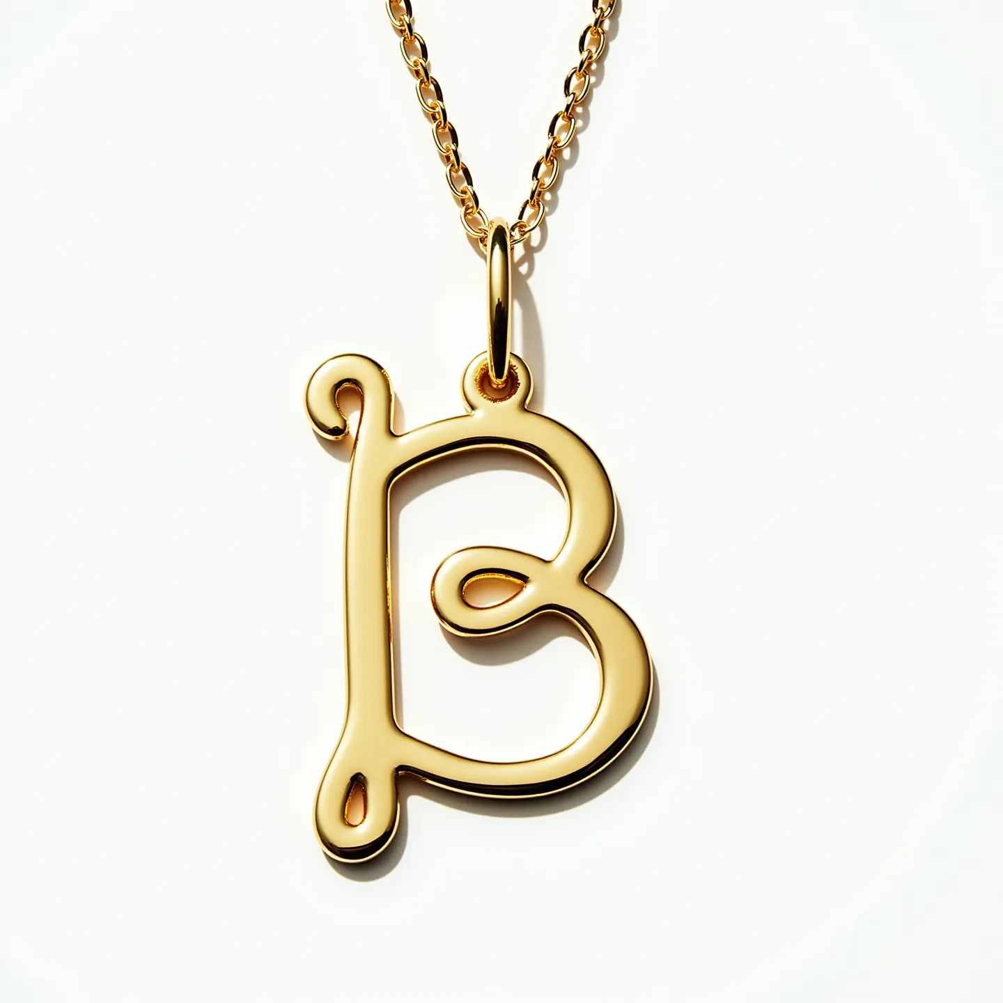 This initial necklace features a gold pendant shaped in the form of the letter "B," crafted with a smooth, polished finish. The pendant is attached to a delicate gold chain through a simple, elegant loop setting. The chain appears to be a classic cable style, providing a subtle yet secure attachment for the pendant. The necklace exudes a minimalist aesthetic, highlighting the gleaming gold material with no additional gems or stones, focusing entirely on the refined design of the letter.