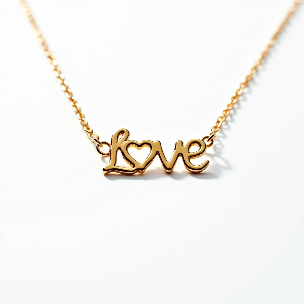 This initial necklace features the word "love" crafted in a modern, cursive style, with a heart motif integrated into the lettering. Made from a gold-toned material, the necklace has a polished finish, giving it a glossy appearance. The letters are connected to a delicate chain that complements the pendant's design with uniform links, likely made of the same gold-toned material. The attachment method appears to involve small loops on either side of the pendant connecting it seamlessly to the chain. The simplicity of the design emphasizes elegance and a personal touch.