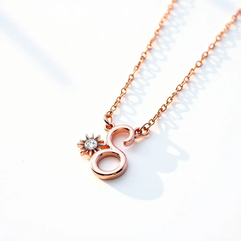 This initial necklace features a beautifully designed letter adorned with a rose gold finish, offering a warm and elegant appearance. Attached to the letter is a sparkling gem set in a radiant style, resembling a small sun, which enhances its sophisticated look. The chain is composed of finely linked rose gold metal, complementing the pendant perfectly. The necklace is secured with a subtle clasp, ensuring a seamless and secure fit when worn.