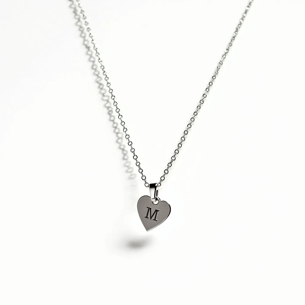 This initial necklace features a delicate chain made of metal, likely sterling silver or white gold, which supports a heart-shaped pendant. The pendant is engraved with the letter "M" and is highly polished, reflecting light elegantly. The pendant is attached to the chain with a small, subtle bail that blends seamlessly with the overall design. There are no visible gemstones or additional embellishments on the necklace, making it a simple yet elegant piece. The clasp is a typical fine jewelry style, likely a spring ring or lobster clasp, ensuring secure wear.