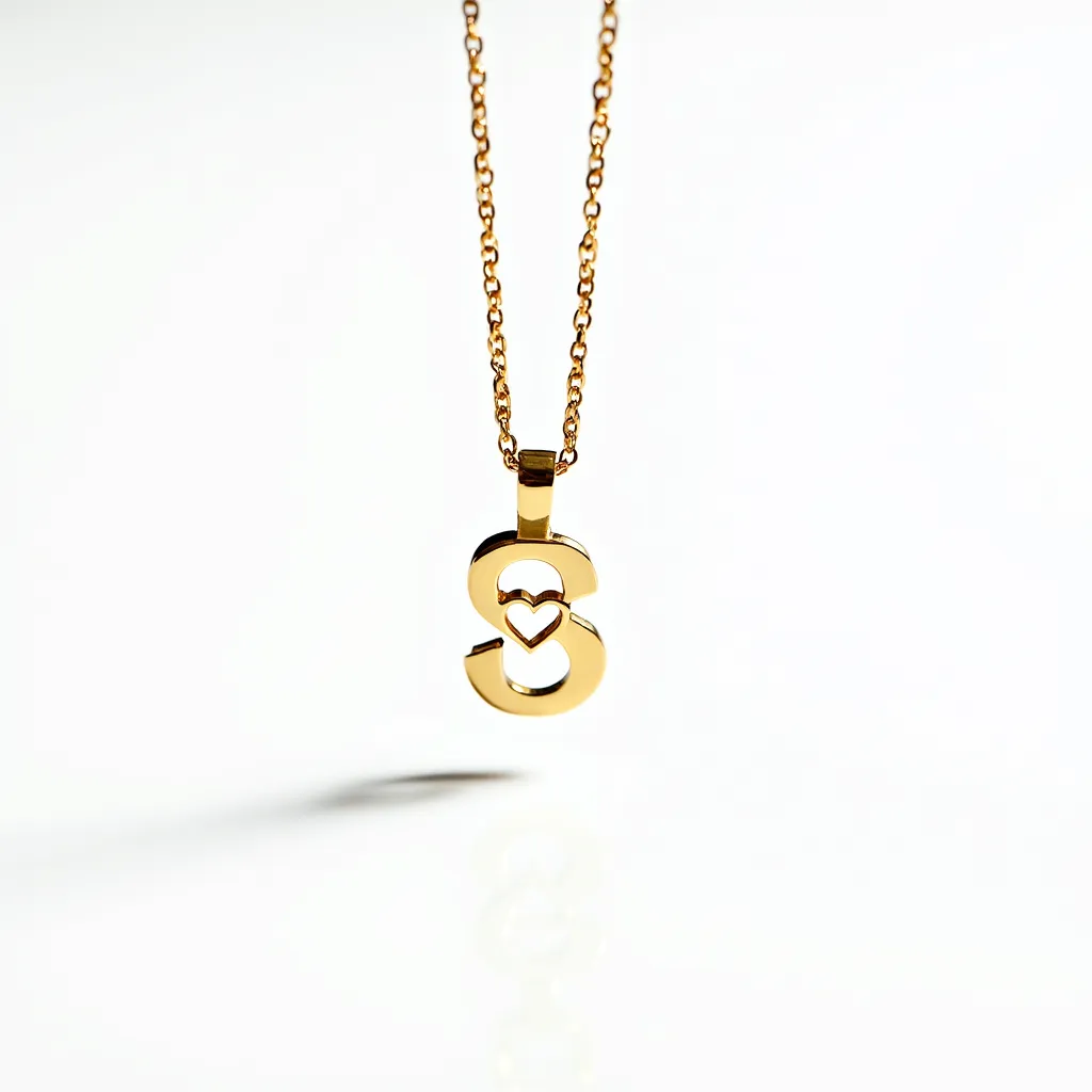 This initial necklace features a gold-toned chain and pendant in the shape of the letter "S" with a small heart cut out in the middle. The material appears to be polished metal, giving it a shiny and elegant look. The simple loop attachment secures the pendant to the chain, allowing it to hang freely. The overall design is minimalistic and modern, focusing on the sleek curve of the initial and the delicate heart detail within it.