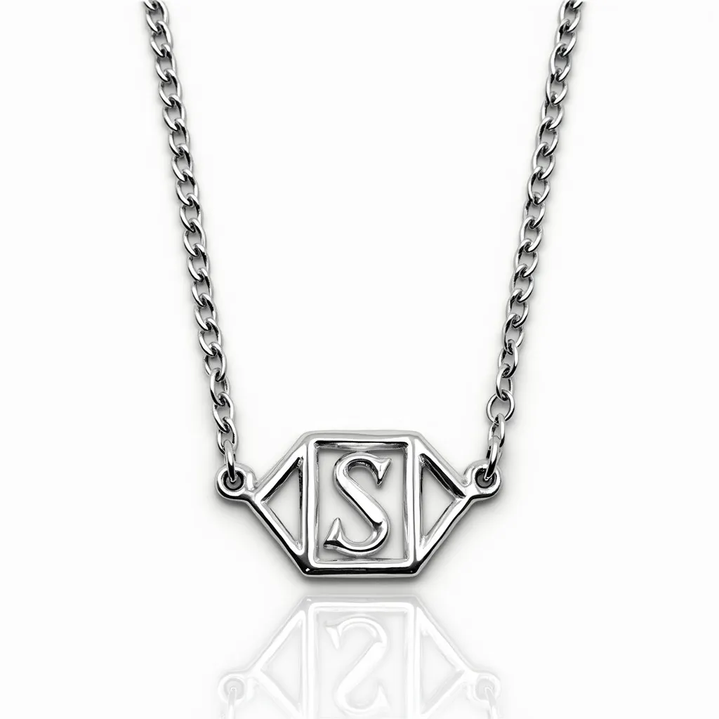 This initial necklace features a finely crafted silver chain that supports a pendant displaying the letter "S." The pendant is designed with clean, angular lines, and sits prominently between the chain links. The chain itself appears to be a classic cable chain, adding a simple elegance to the piece. The letter centerpiece is encapsulated in an elongated hexagonal frame, accentuating the initial. The necklace likely includes a standard clasp mechanism, commonly used for secure fastening.