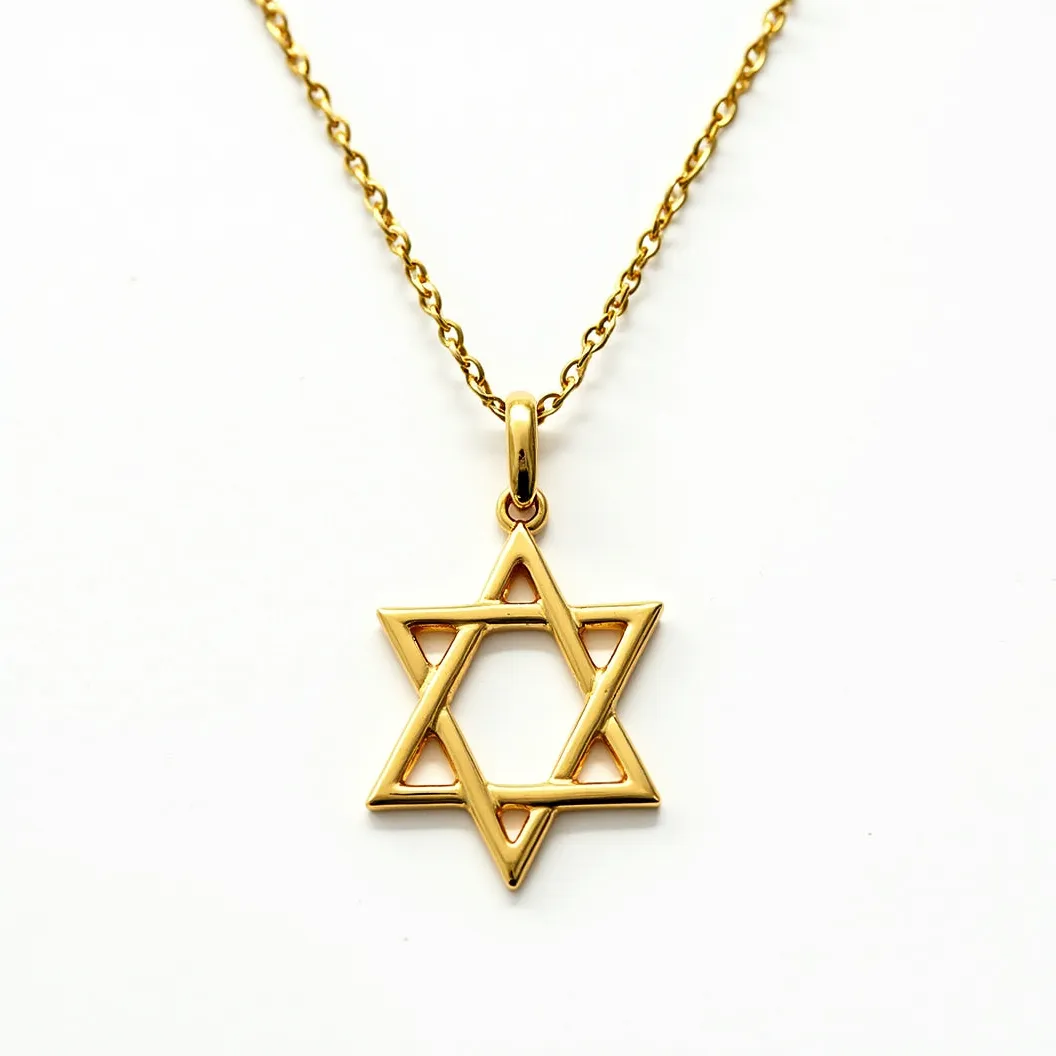 This Jewish star necklace features a simple yet elegant design crafted in what appears to be gold. The Star of David pendant is smoothly finished, with intersecting triangles forming the classic six-pointed star shape. It hangs from a delicate chain that may also be made of gold, providing a consistent and unified aesthetic. The star is attached to the chain by a small, gold loop or bail, allowing for free movement while maintaining a secure connection. The chain likely closes with a typical clasp, ensuring ease of wearability and security. This piece embodies a blend of cultural significance and understated elegance.