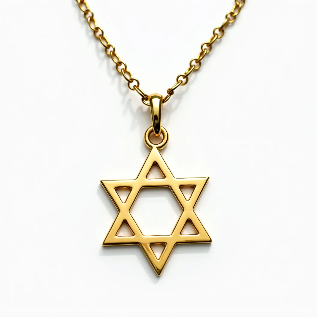 This Jewish star necklace features a Star of David pendant crafted from a gold material, giving it a polished and elegant appearance. The star is designed with clean, angular lines, highlighting the classic geometric form of overlapping triangles. The pendant is attached to a matching gold chain with a sturdy, oval-shaped bail. The chain is composed of simple, interconnected links that ensure comfort and durability for everyday wear. No gemstones or additional adornments are present on the pendant or the chain, emphasizing the simple beauty of the piece.