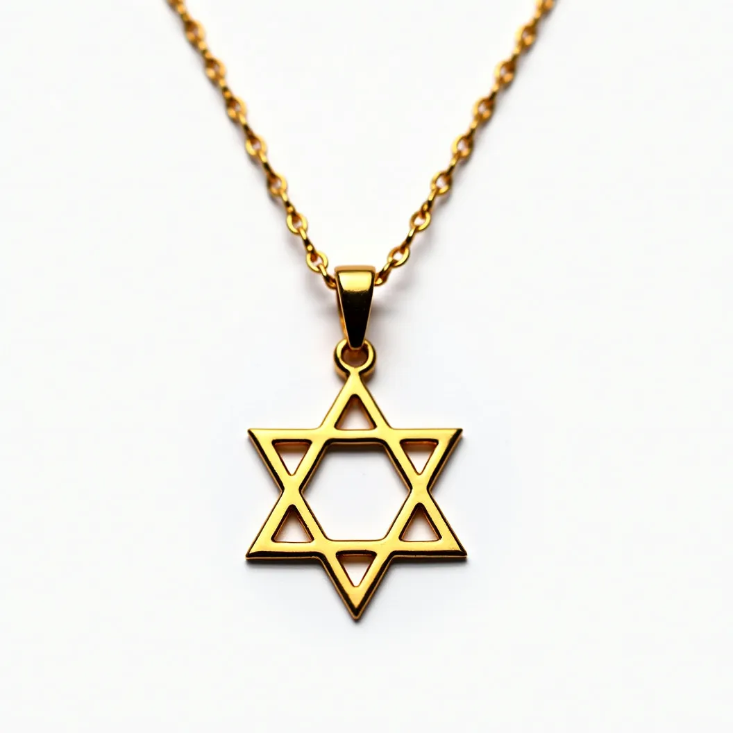 This Jewish star necklace features a sleek, symmetrical design crafted from a polished gold-tone metal, giving it a bright and luxurious look. The Star of David pendant is highlighted by its minimalist open framework, enhancing its delicate and elegant aesthetic. Suspended from a matching chain with interlocking links, the necklace ensures both durability and style. It is securely fastened with a standard lobster clasp, providing a reliable attachment while wearing. The overall craftsmanship of this piece suggests both sophistication and subtlety, suited for a variety of occasions.