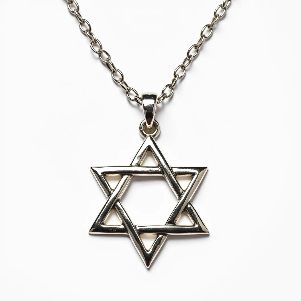 This Jewish star necklace features a Star of David pendant crafted from what appears to be polished metal, likely silver or stainless steel, giving it a sleek, reflective finish. The pendant hangs from a chain composed of uniformly linked oval loops, which are consistent in size and contribute to the necklace's elegant simplicity. The pendant is attached to the chain with a smooth, polished bail that secures it effectively while allowing for subtle movement. The necklace features a standard clasp, typically a lobster or spring ring, providing a reliable and secure closure. Overall, this piece presents a classic and understated design that highlights the symbolic significance of the Star of David.