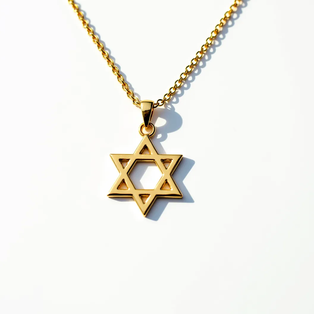 This Jewish star necklace features a prominent Star of David pendant crafted from a polished yellow metal, likely gold or gold-plated, which gives it a sleek and elegant appearance. The geometric design of the star is clean and precise, and it is attached to a chain with a smooth, rounded bail. The chain itself is composed of uniformly sized links, matching the pendant in color and finish, providing a cohesive and stylish look. The clasp and detailed attachments are not visible, suggesting a minimalist design focused on the pendant's symbolic significance.