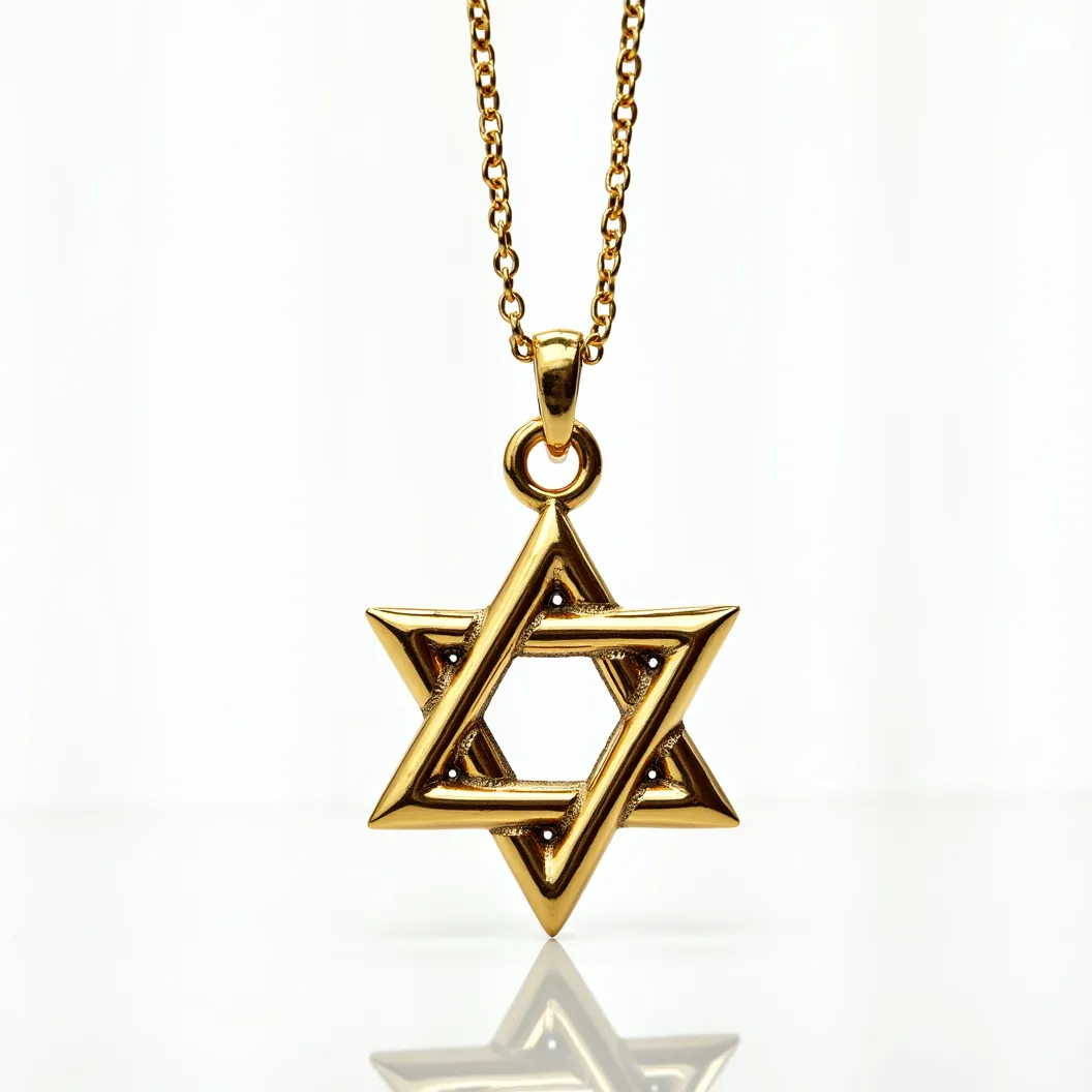 This Jewish star necklace features a beautifully polished, gold-colored Star of David pendant, showcasing an elegant, timeless design. The star is smooth and glossy, with no visible stones or gems embedded in its surface. Attached to a matching gold-colored chain, the pendant is secured with a simple loop at the top, allowing it to hang freely. The chain appears to have a series of interlocking links, providing durability and a classic aesthetic. The clasp is not visible, but it likely ensures a secure fastening around the neck.